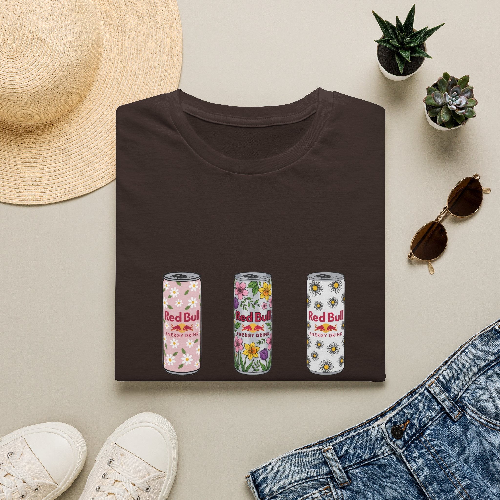 Floral Energy Drink Can T-Shirt — Vintage Flower Red Bull Design