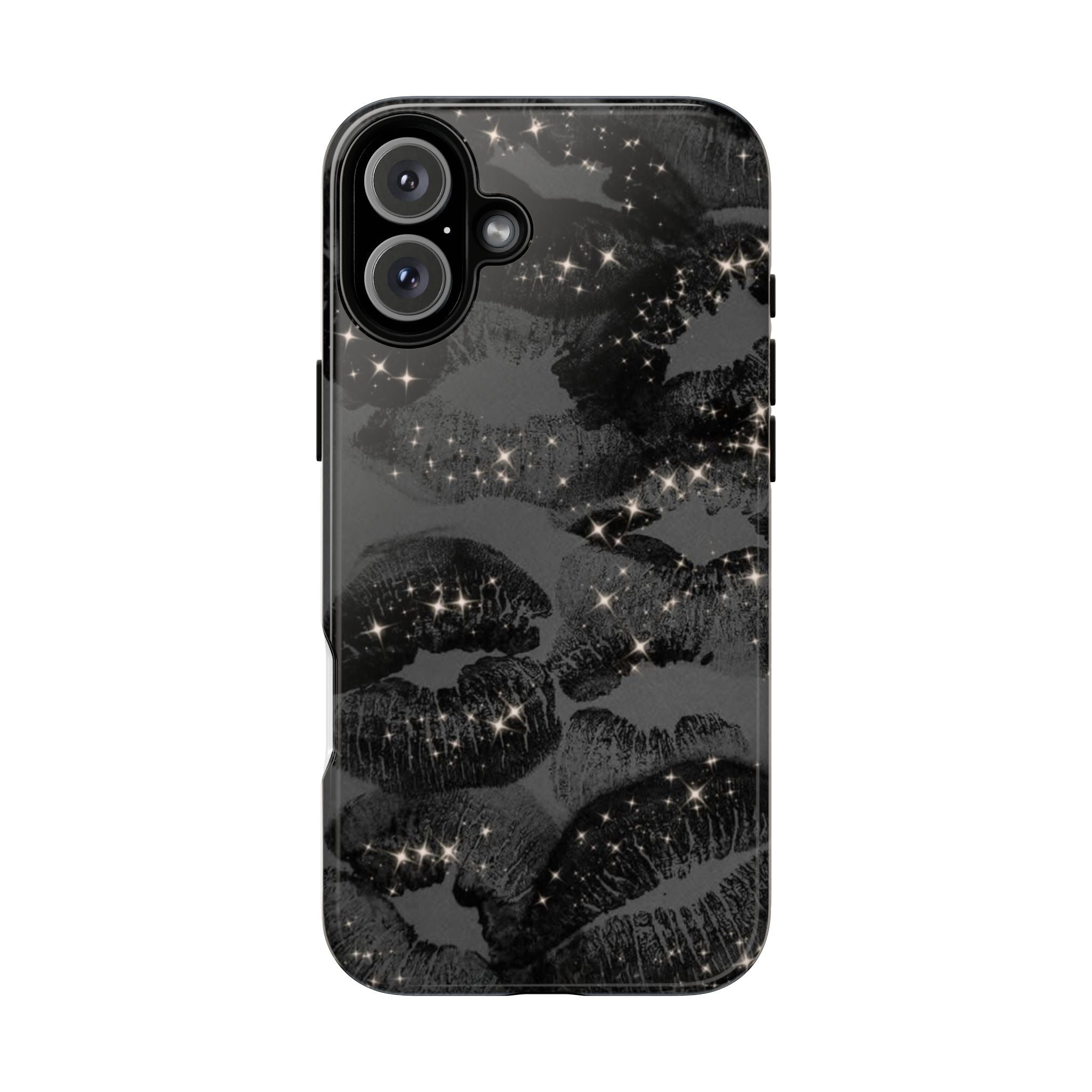 Black Glitter Kiss Phone Case — Sparkling Lip Print Protective Cover