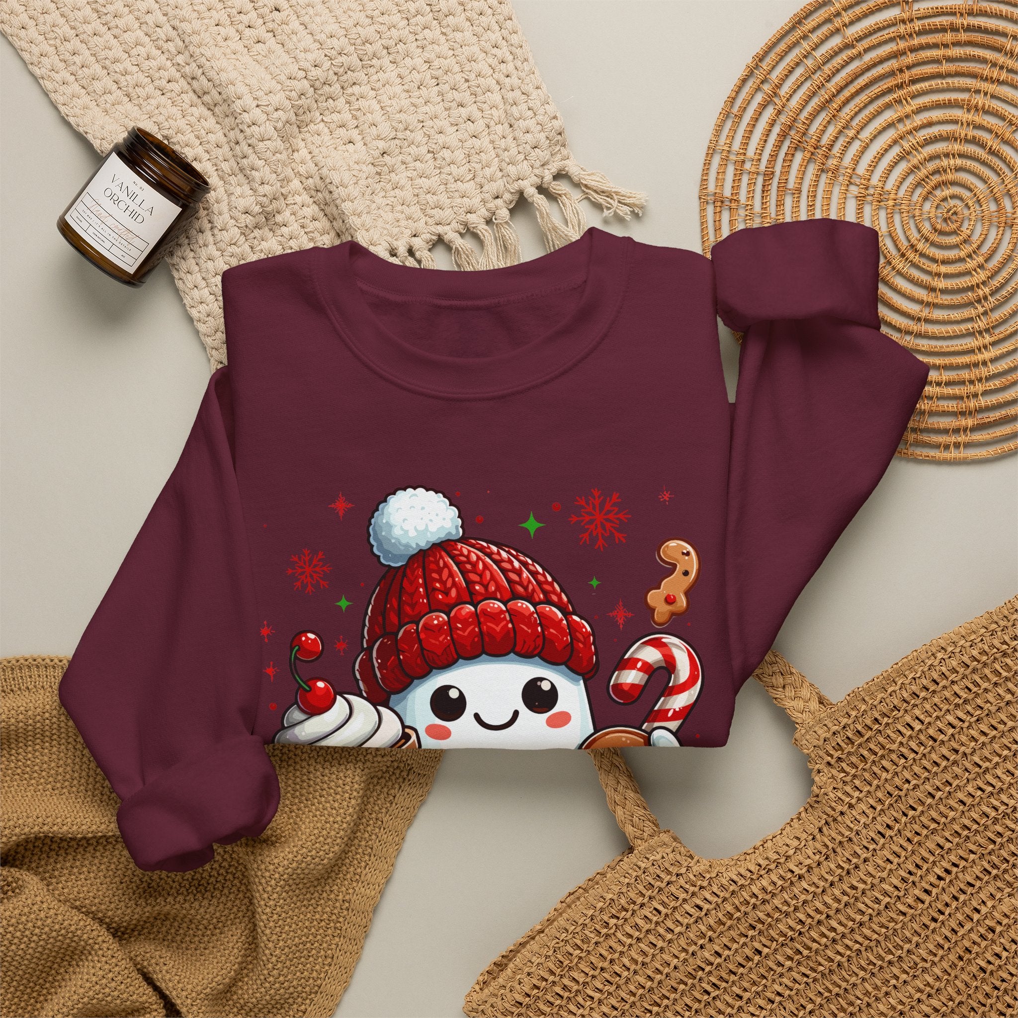 Holiday Marshmallow Character Sweatshirt — Cute Snowman with Gingerbread & Hot Cocoa