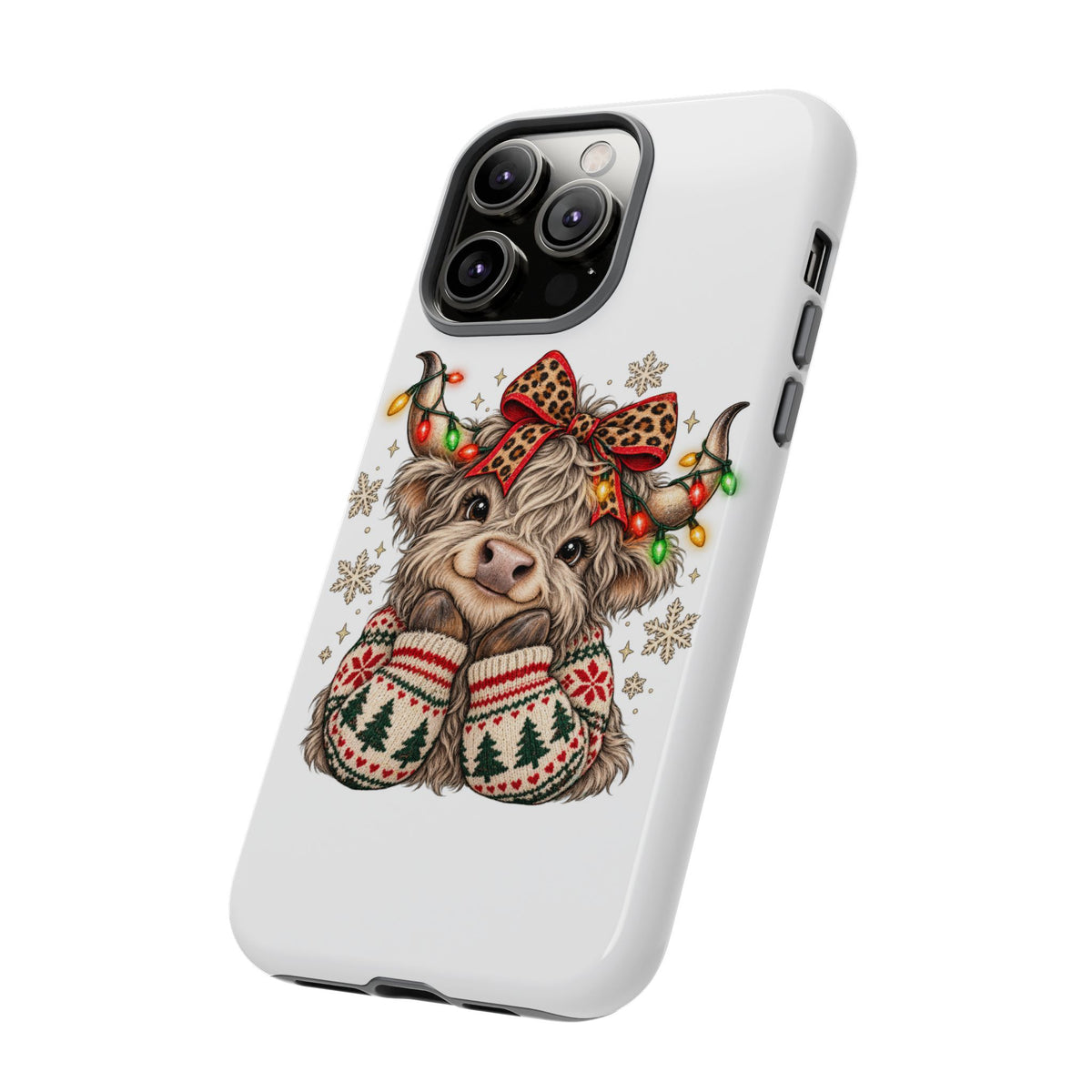 Holiday Highland Cow Phone Case – Festive Lights & Cozy Sweater Design