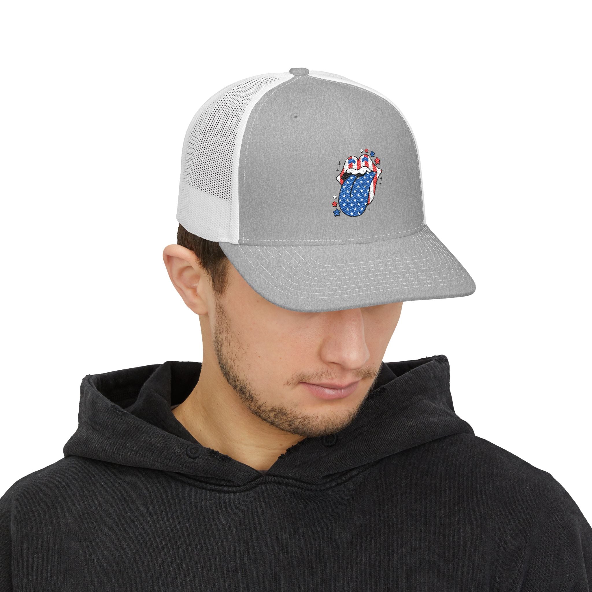 Patriotic Tongue Trucker Cap — American Flag Mouth Snapback