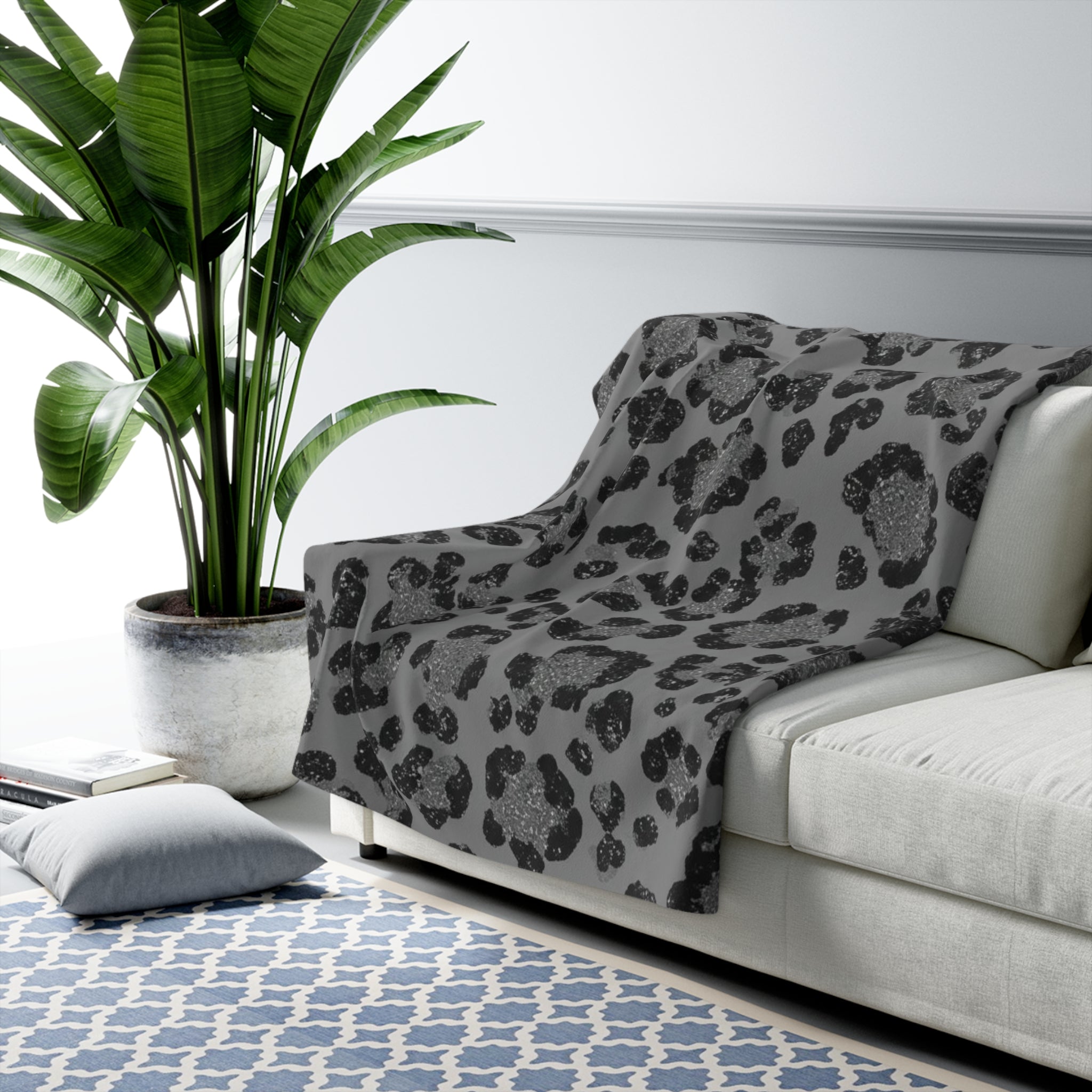 Sherpa Blanket — Grey Leopard Print Cozy Throw