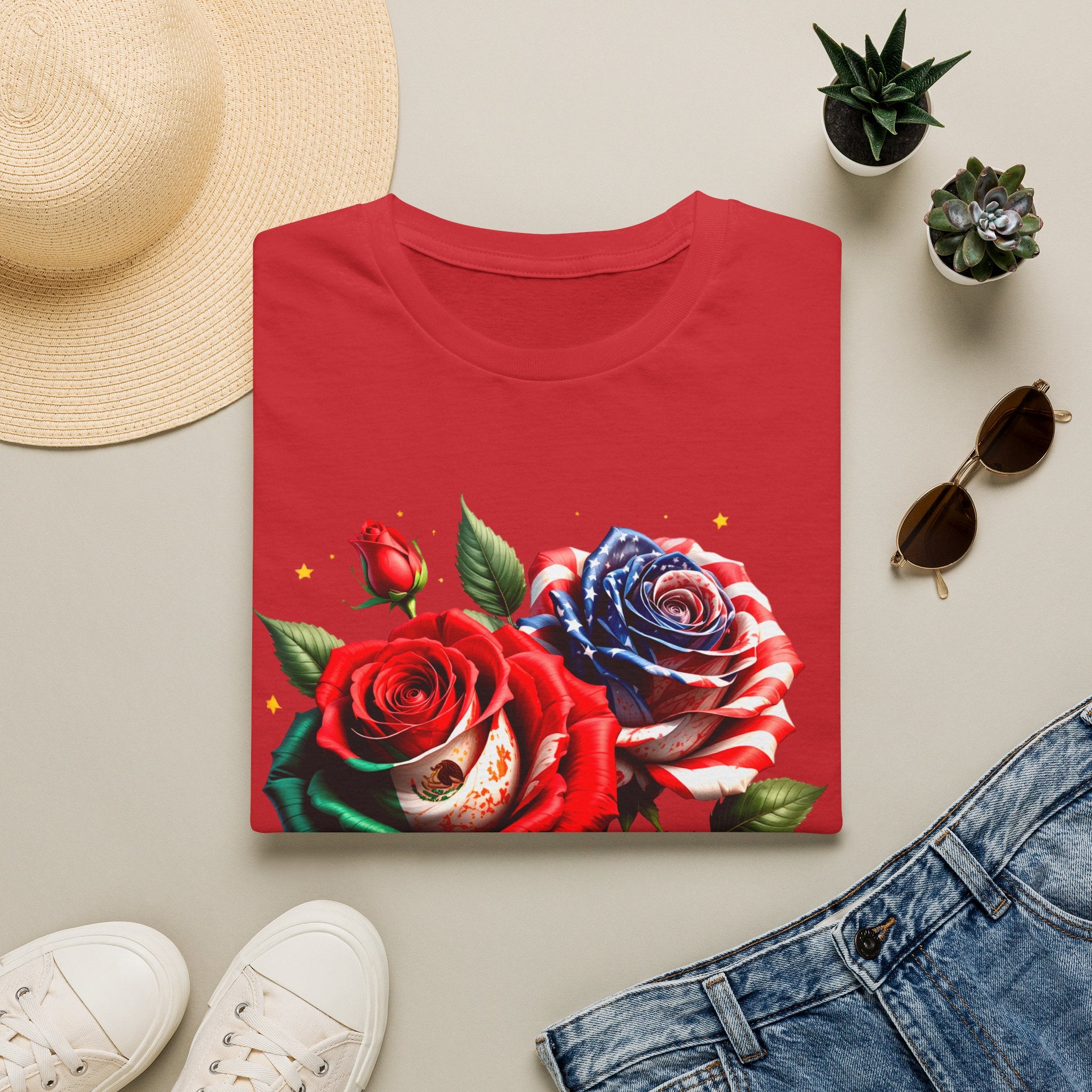 Patriotic Rose Skull T-Shirt — American Flag Blue & Red Floral Tee