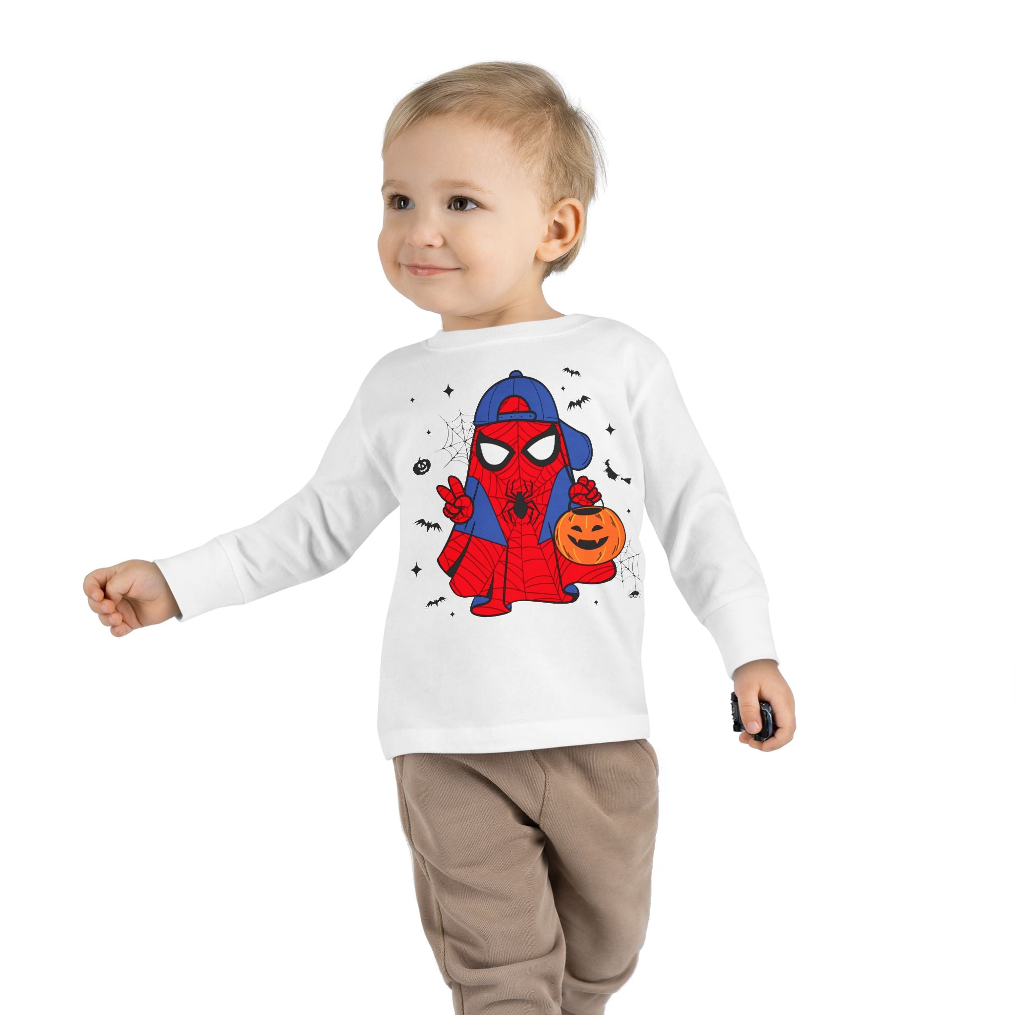 Spider Hero Toddler Long Sleeve Tee — Cute Halloween Pumpkin Trick-or-Treat Shirt