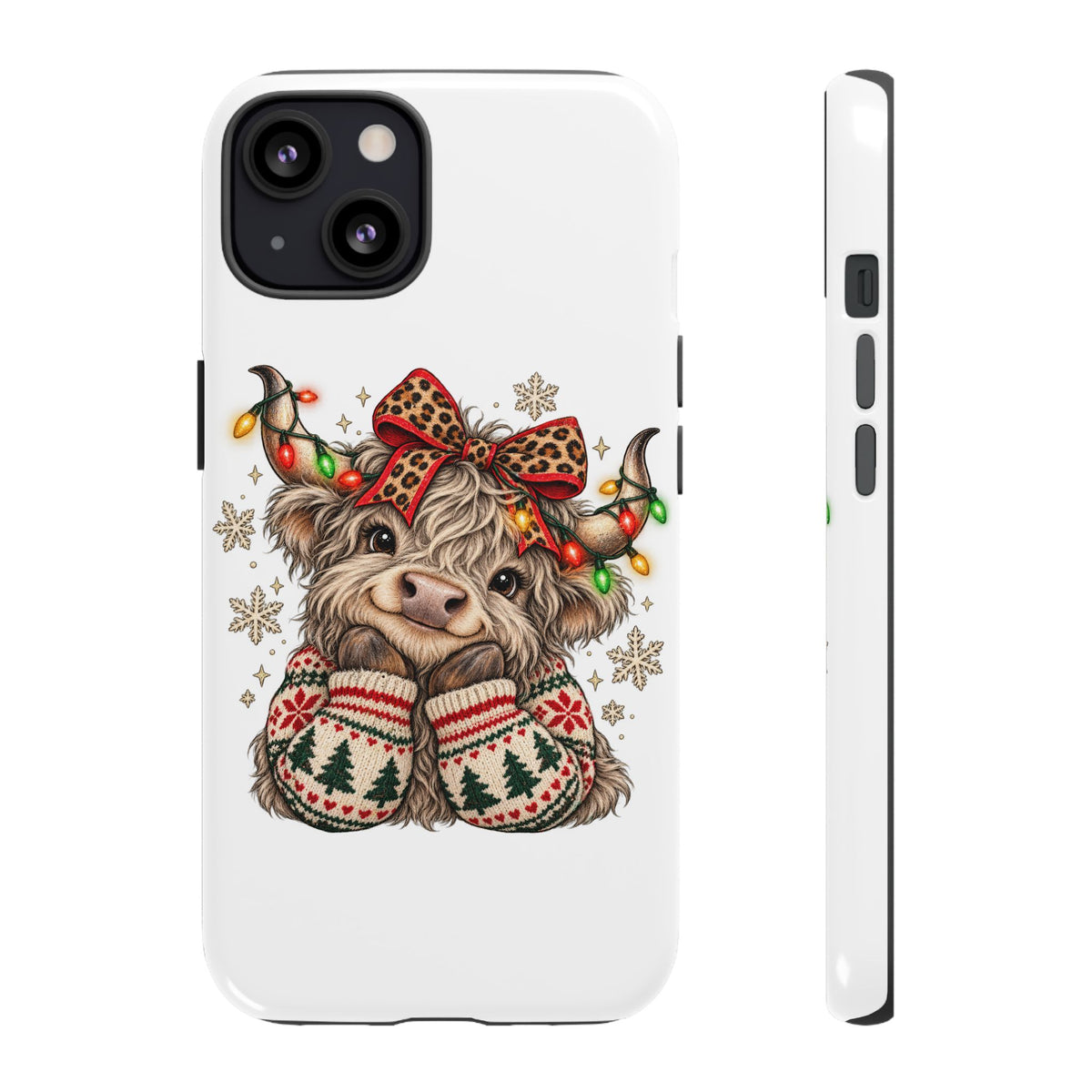 Holiday Highland Cow Phone Case – Festive Lights & Cozy Sweater Design