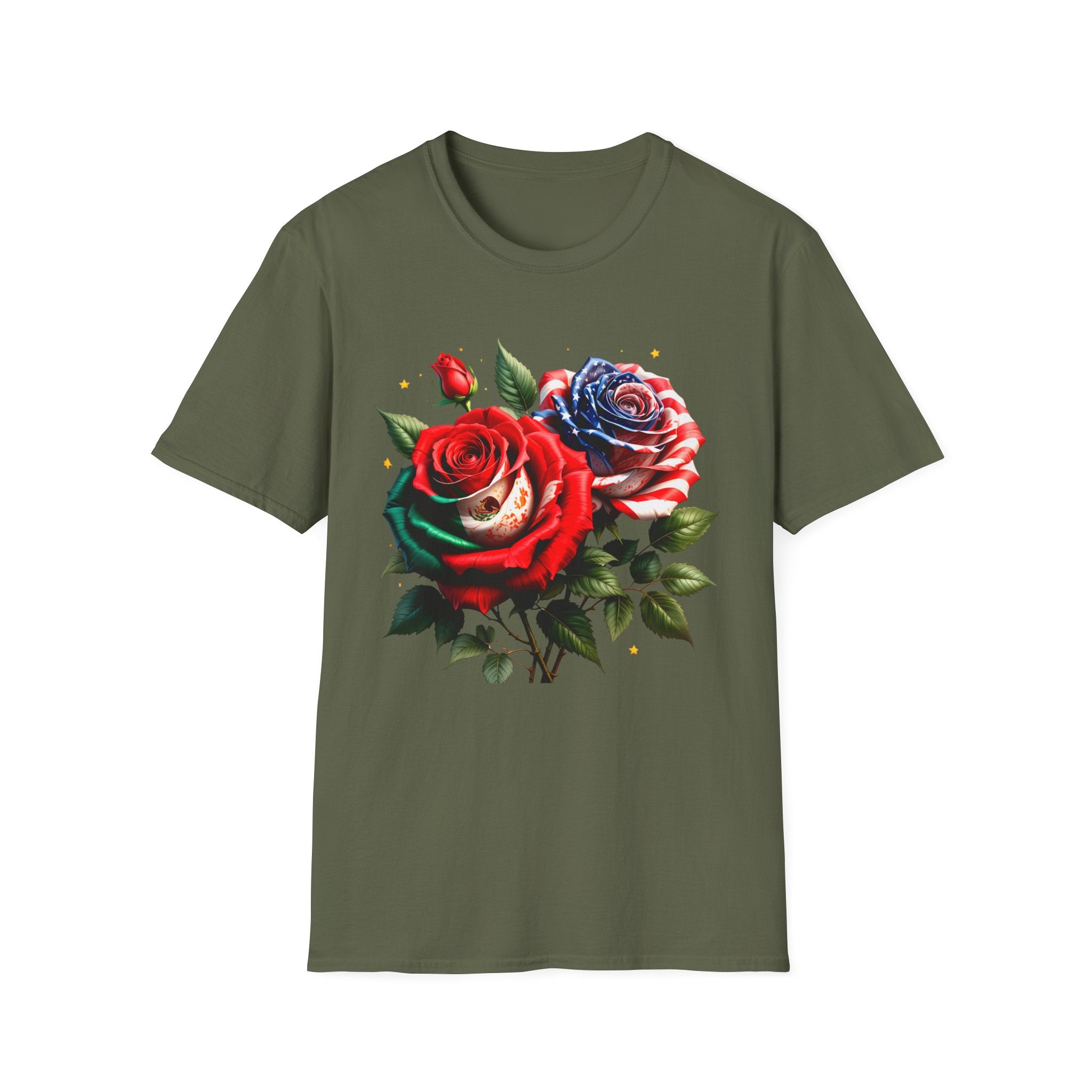 Patriotic Rose Skull T-Shirt — American Flag Blue & Red Floral Tee