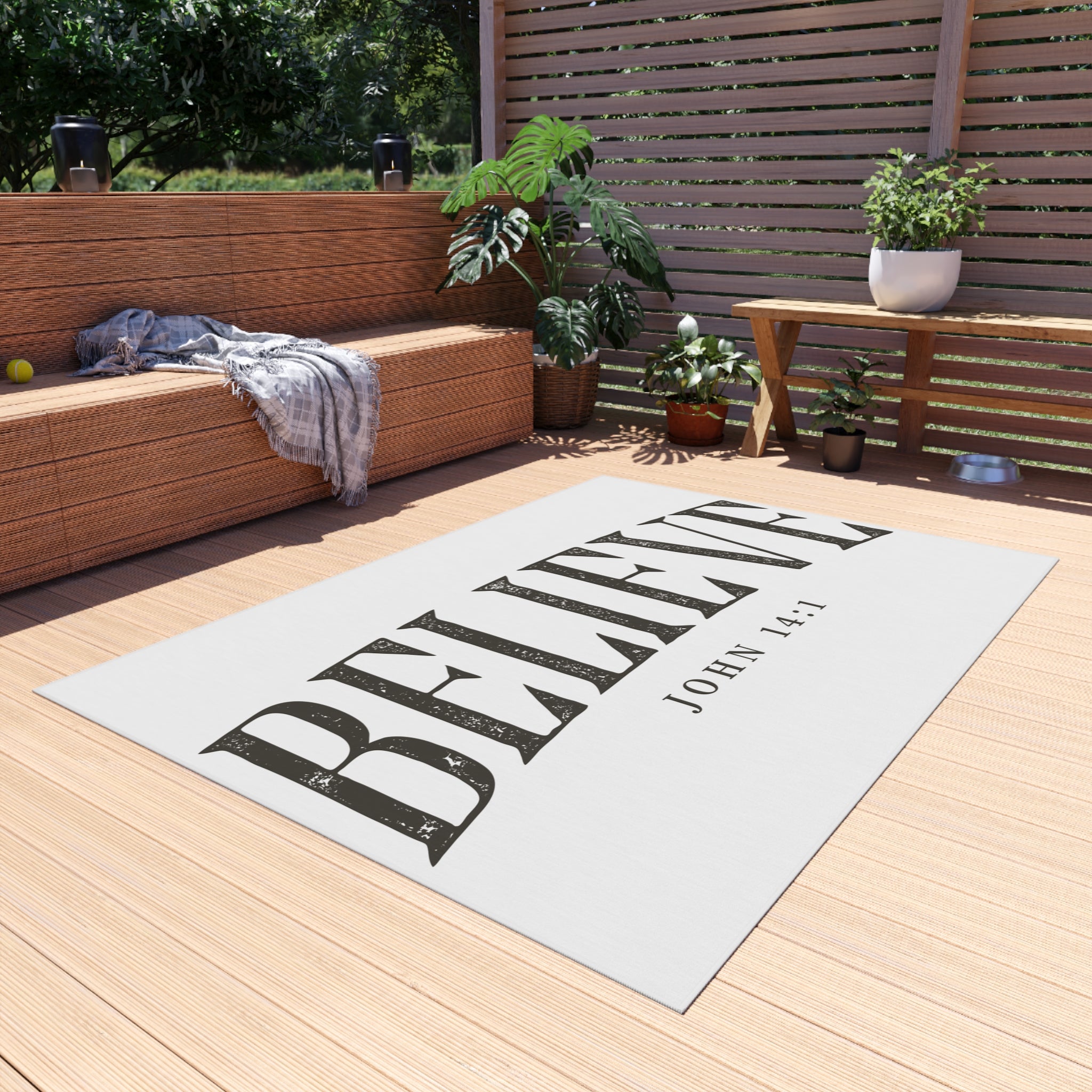 Believe Outdoor Rug — "Believe" John 14:1 Scripture Doormat