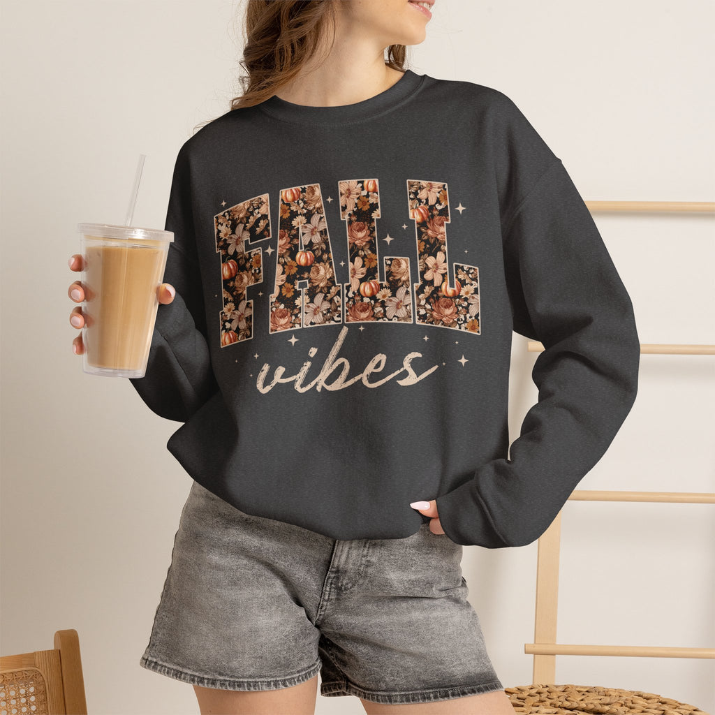 Fall Vibes Crewneck Sweatshirt — Floral Lettering Autumn Pullover