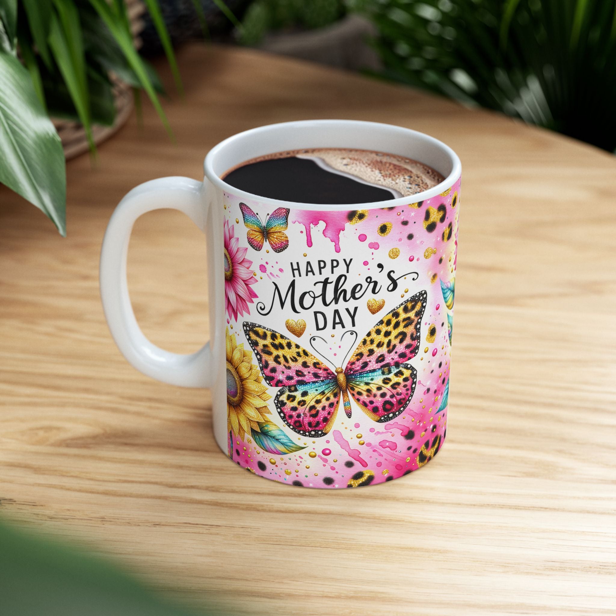 Sunflower & Leopard Print Mother's Day Ceramic Mug — Floral Butterfly Coffee Cup (11oz/15oz)