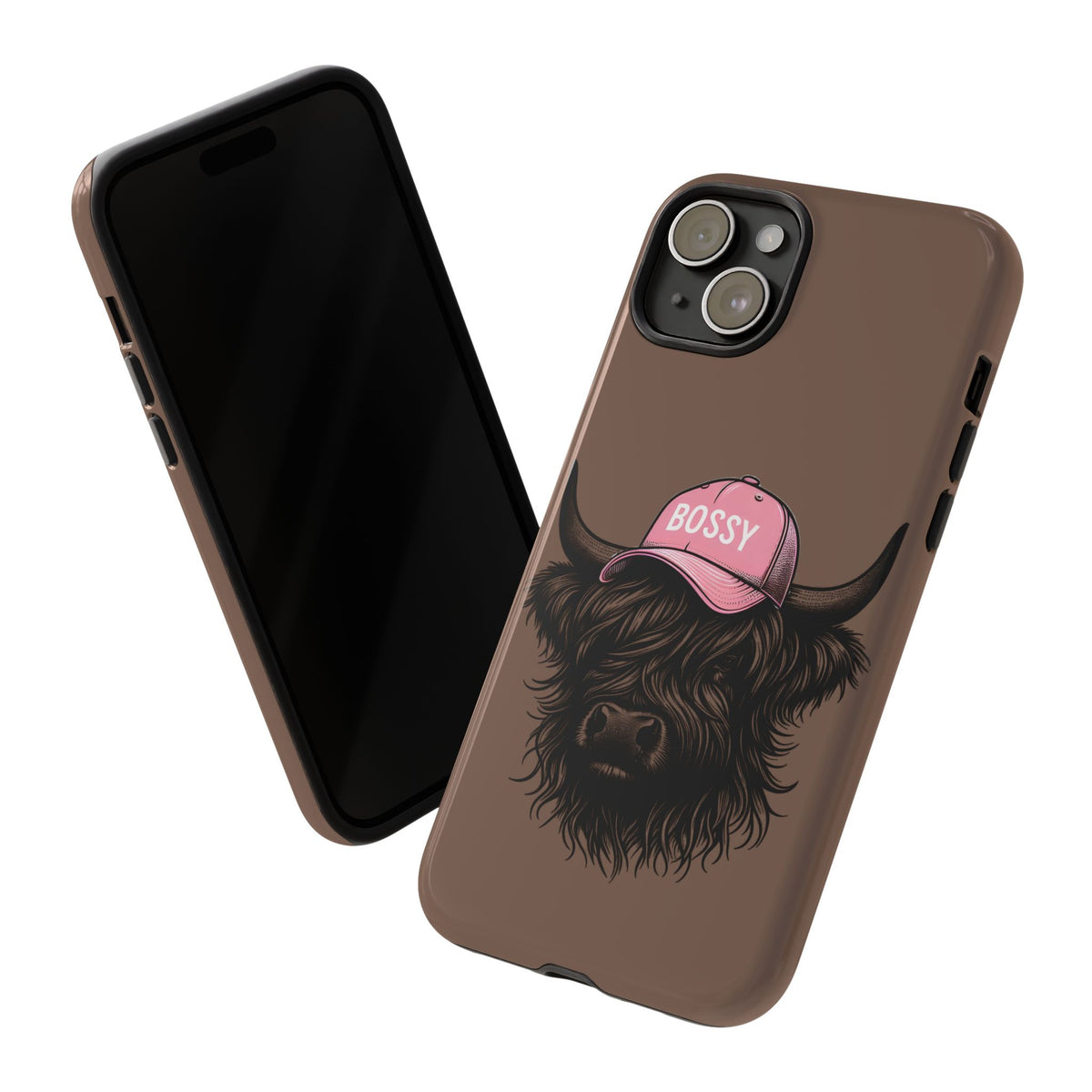 Phone Case — Highland Cow Wearing 'BOSSY' Pink Hat, Cute Farm Animal Protective Cover