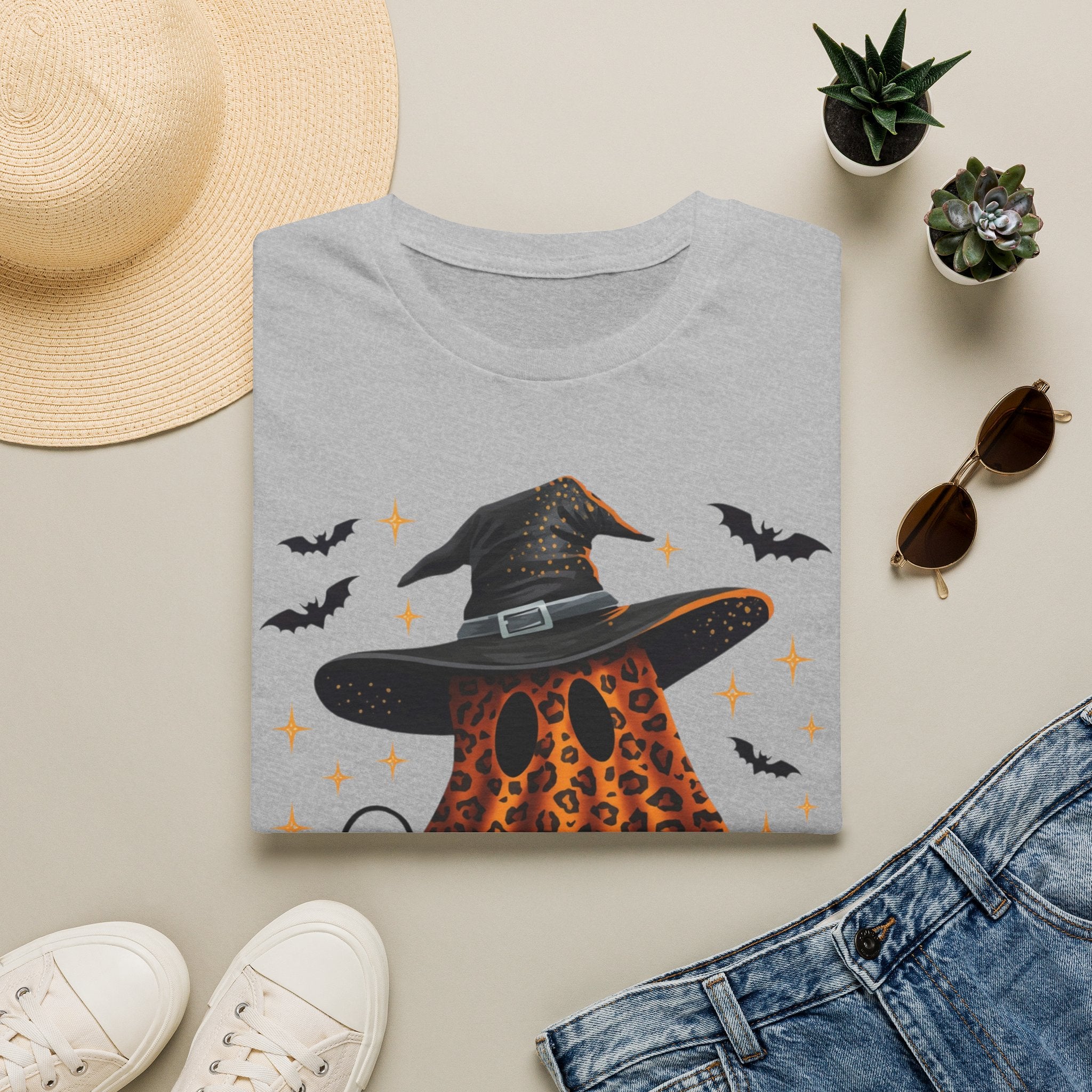Halloween Leopard Ghost T-Shirt — Witch Hat & Bats Graphic