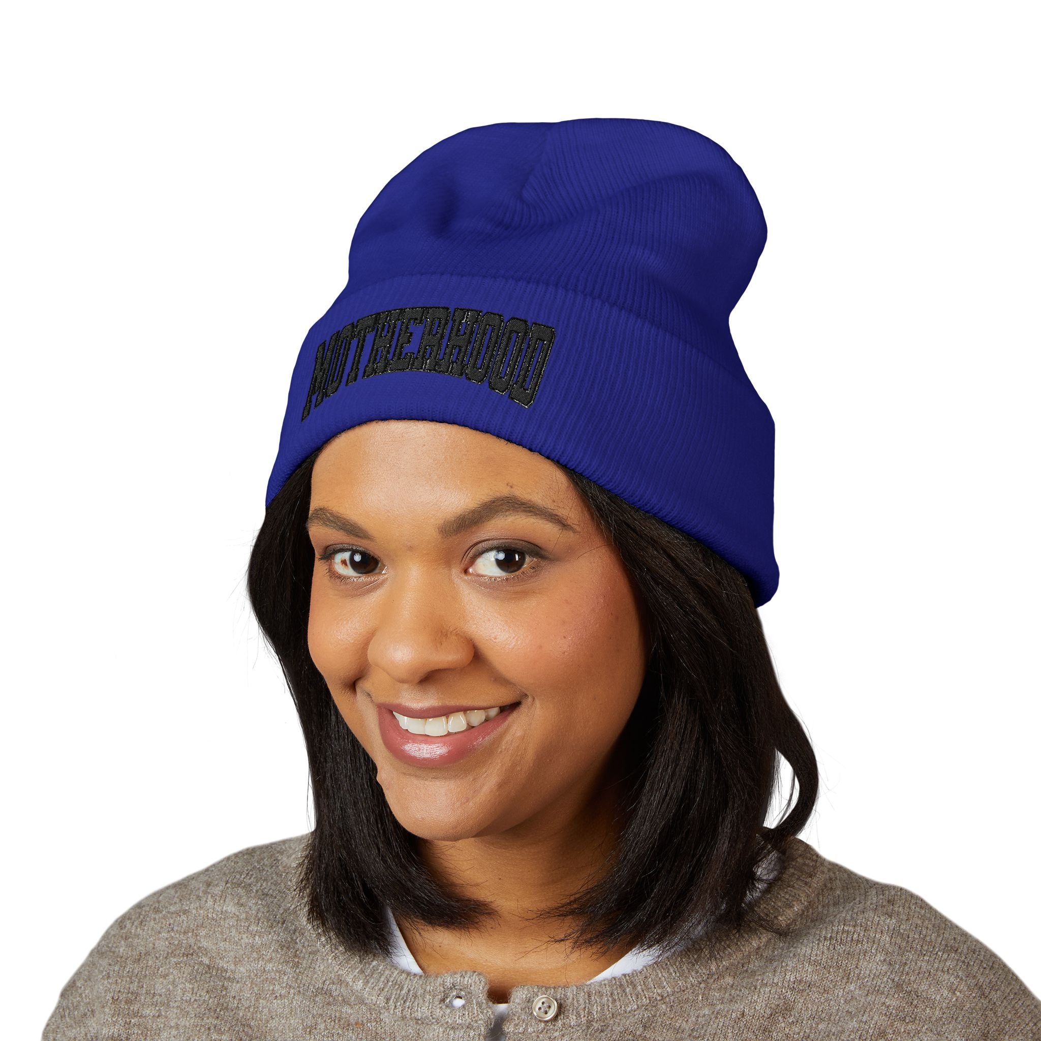 Motherhood Embroidered Cuffed Beanie — Cozy Mom Knit Hat