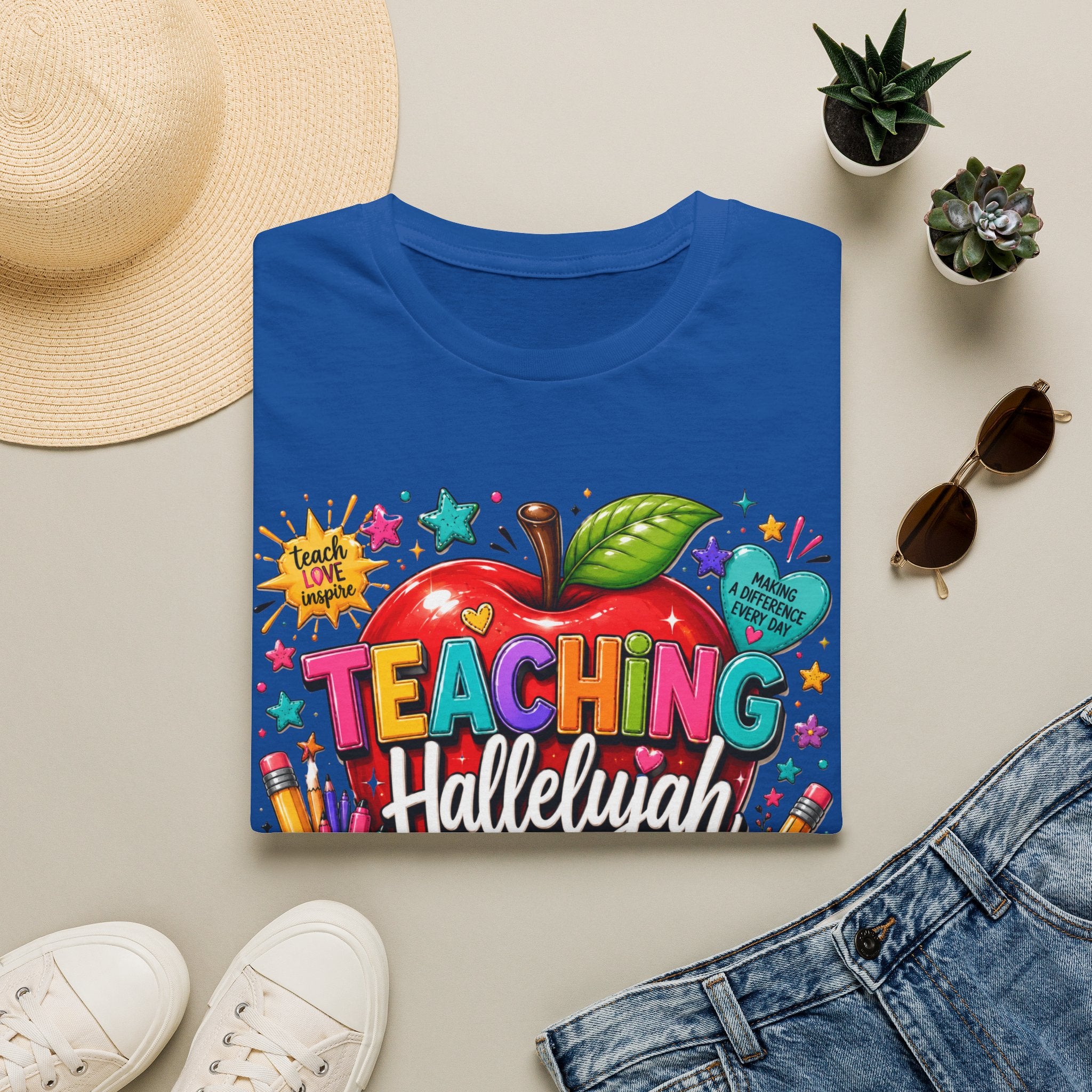Teacher T-Shirt — "Teaching Hallelujah" Colorful Apple Classroom Tee