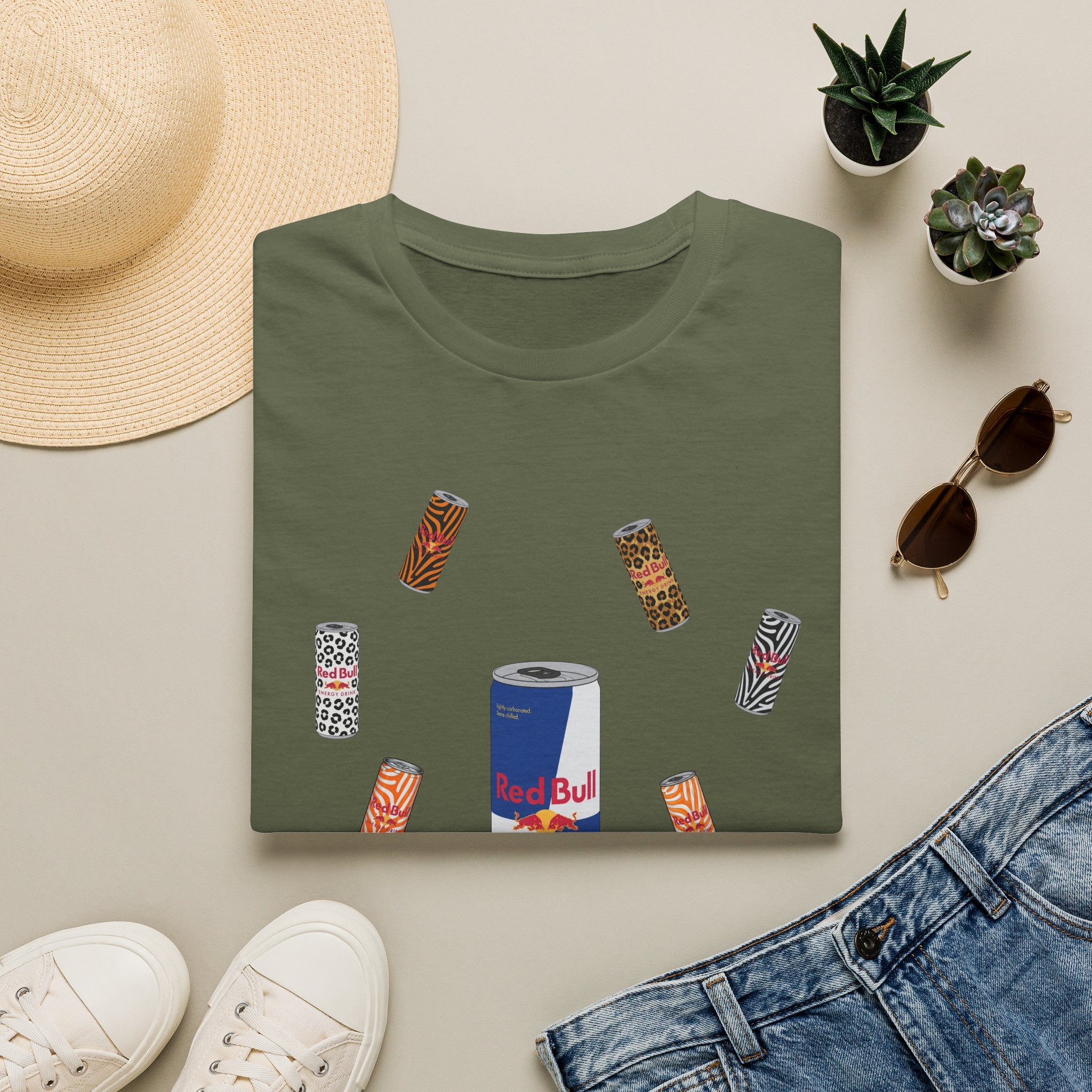 Energy Drink & Lip Balm Graphic T-Shirt — Playful Red Bull Design