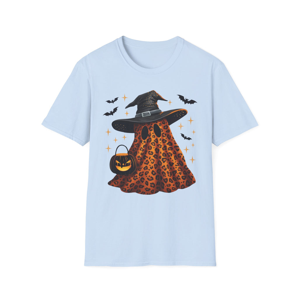 Halloween Leopard Ghost T-Shirt — Witch Hat & Bats Graphic
