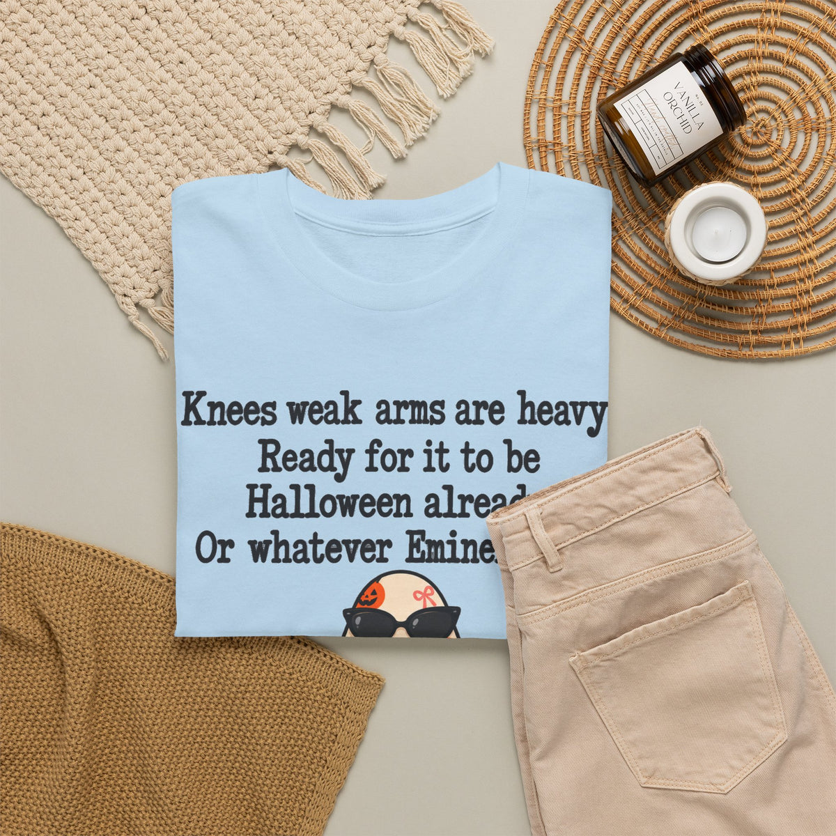 Funny Halloween Ghost T-Shirt — "Knees weak arms are heavy. Ready for it to be Halloween already. Or whatever Slim said."