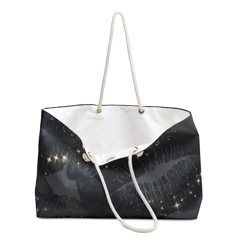 Black Sparkle Lip Print Weekender Bag — Glitter Kiss Travel Tote