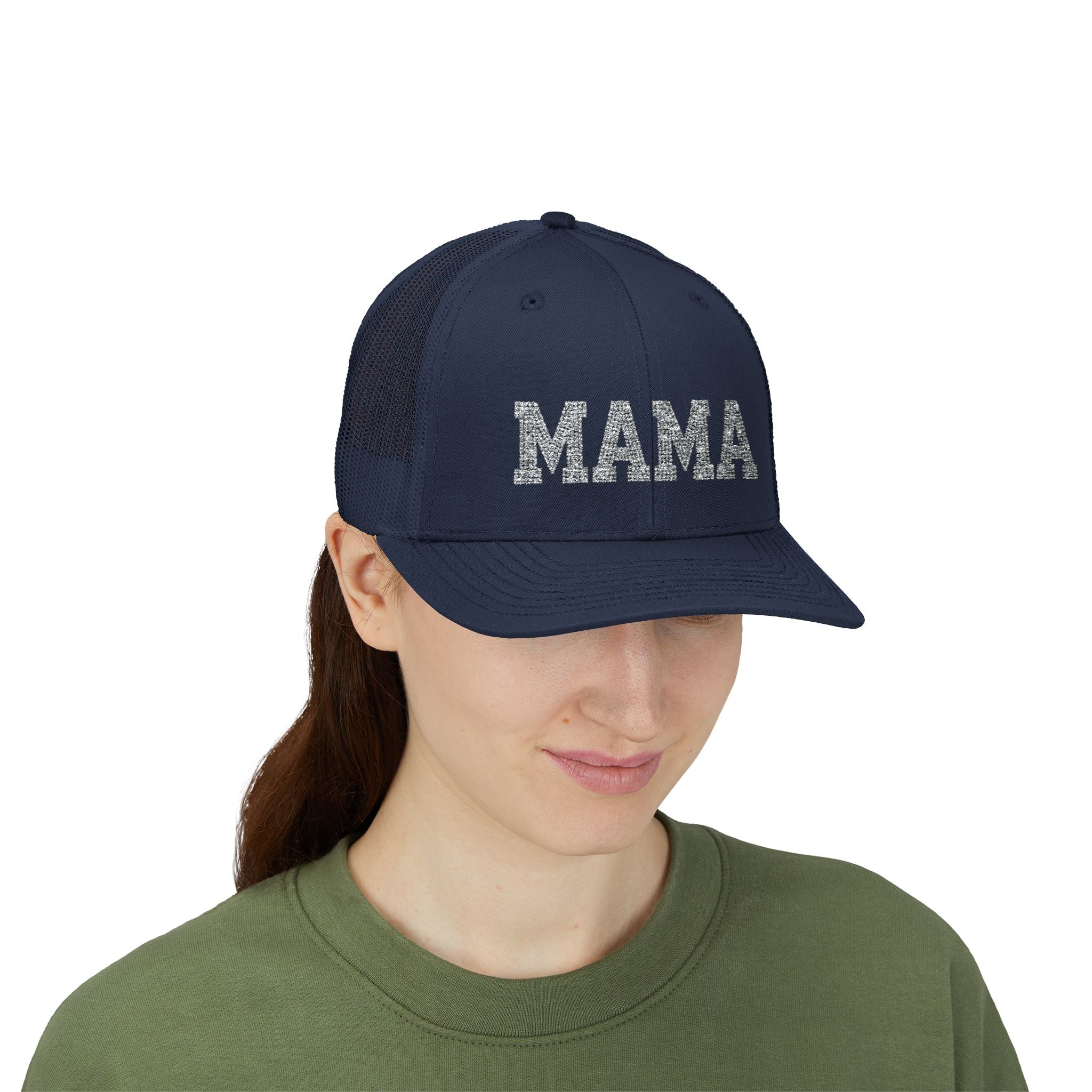 Mama Snapback Trucker Cap — Glitter Script "MAMA" Mesh Back Hat for Moms, Mother's Day Gift
