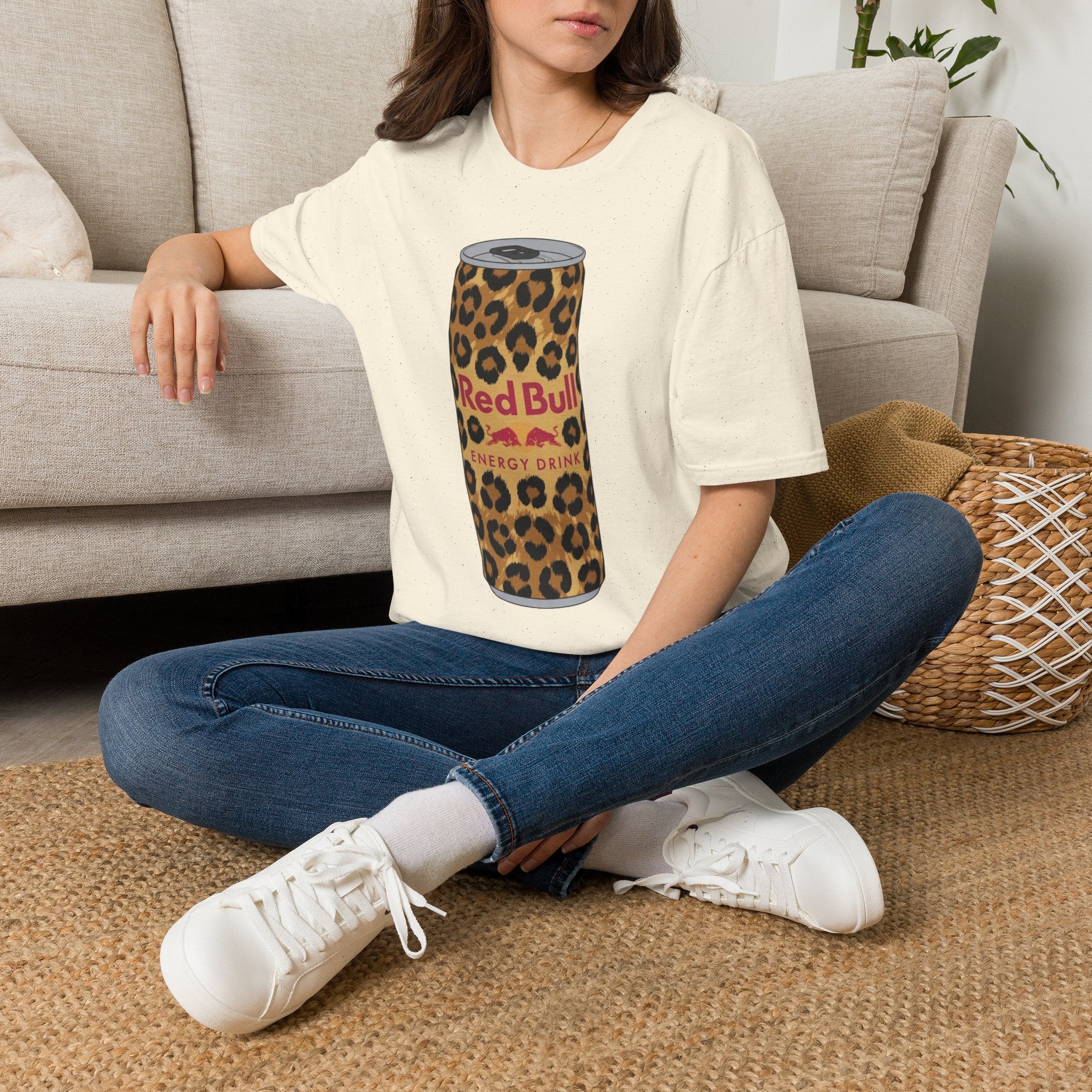 Leopard Print Red Bull Can T‑Shirt — Energy Drink Graphic Tee