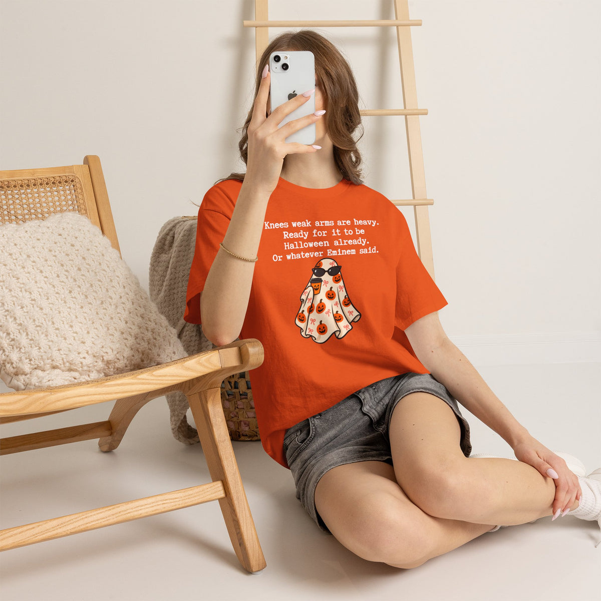 Funny Halloween Ghost T‑Shirt – "Knees Weak Arms Are Heavy" Pumpkin Ghost Tee