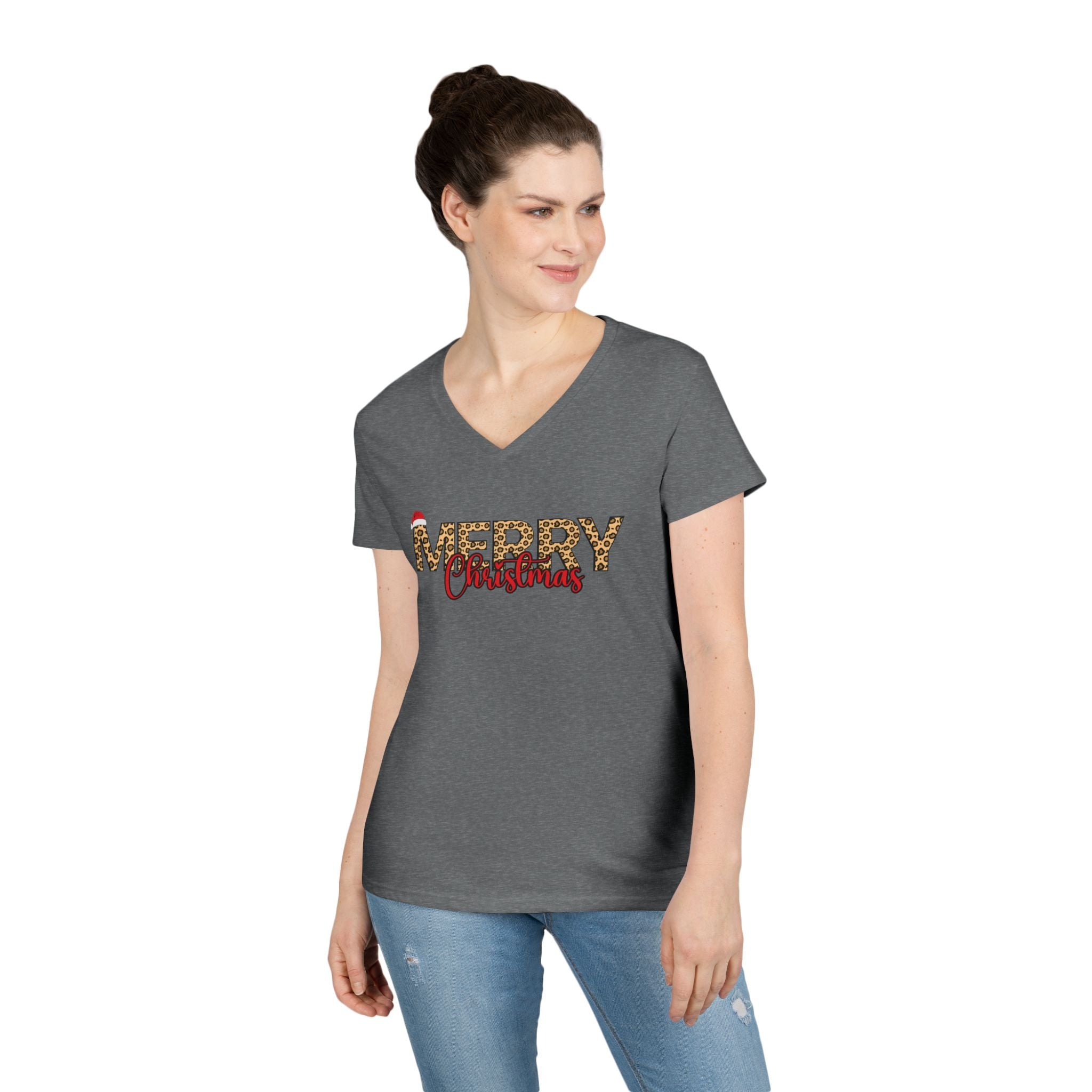 Merry Christmas Leopard Print V-Neck Tee