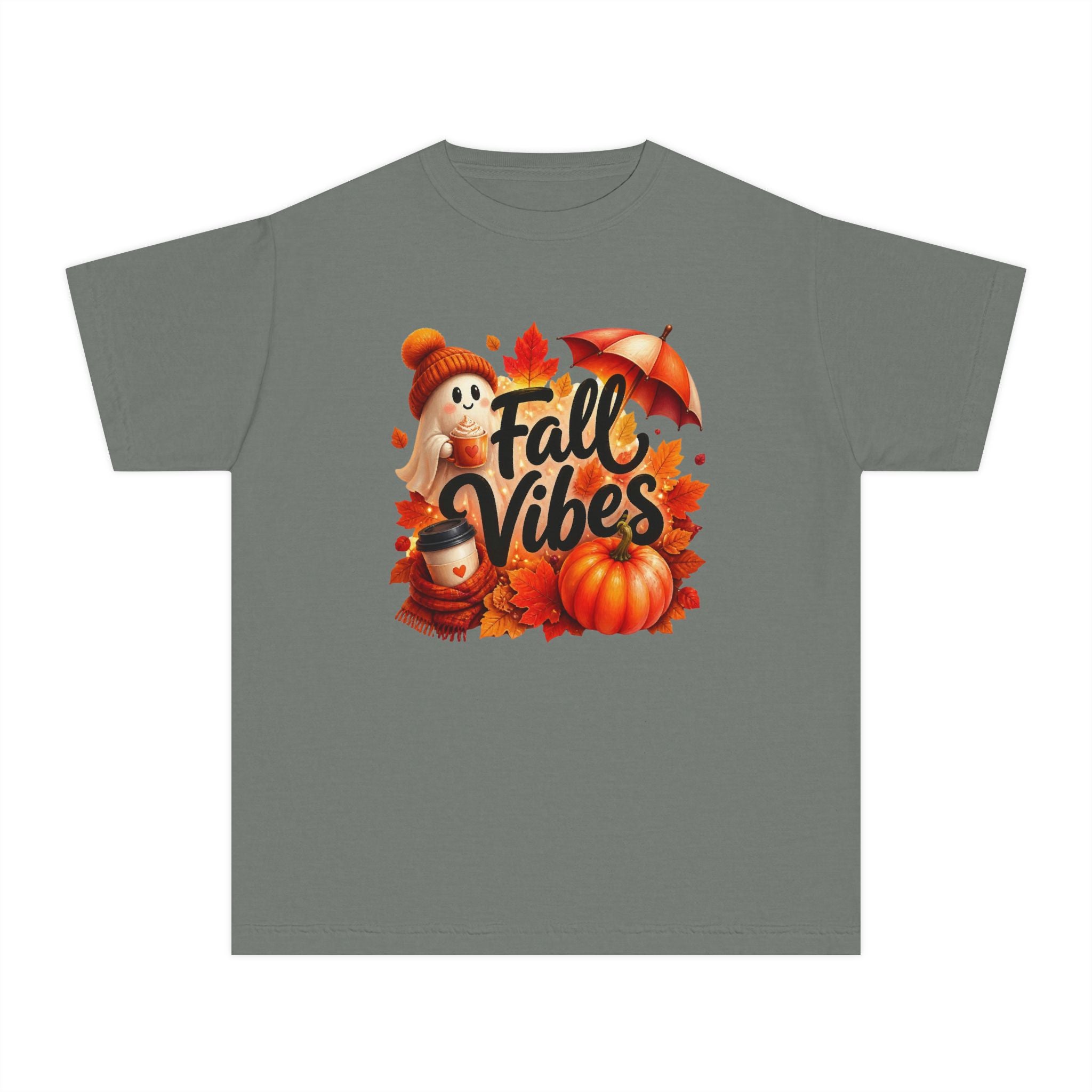 Fall Vibes Youth Tee — Cute Pumpkin, Leaves & Scarecrow Autumn Shirt
