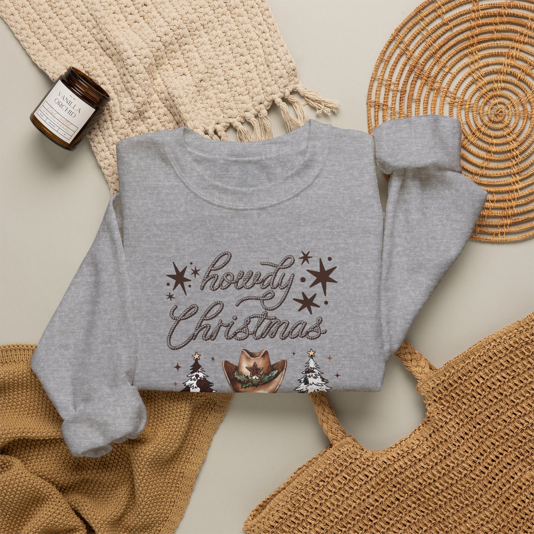 Howdy Christmas Sweatshirt — Western Cowboy Holiday Crewneck with Boots & Trees