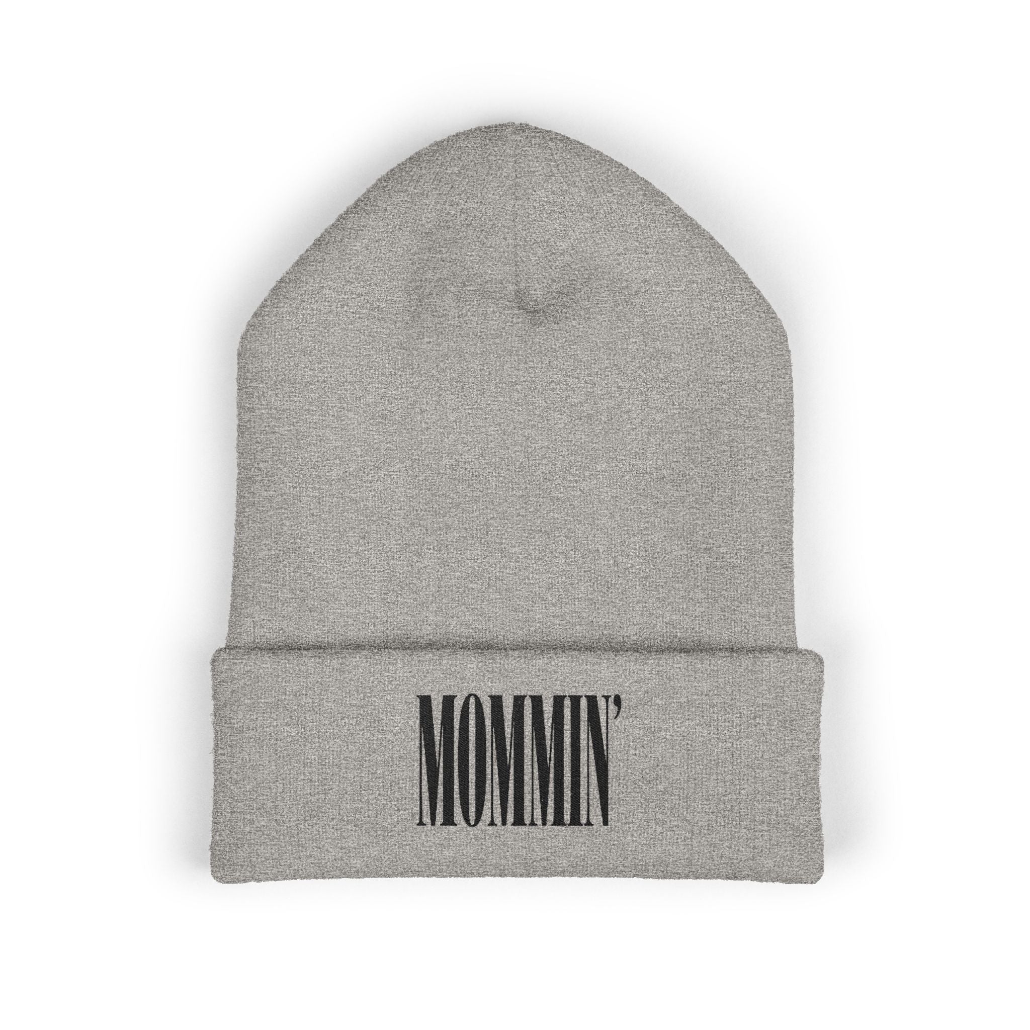 Embroidered "Mommin'" Cuffed Beanie — Cozy Knit Mom Hat