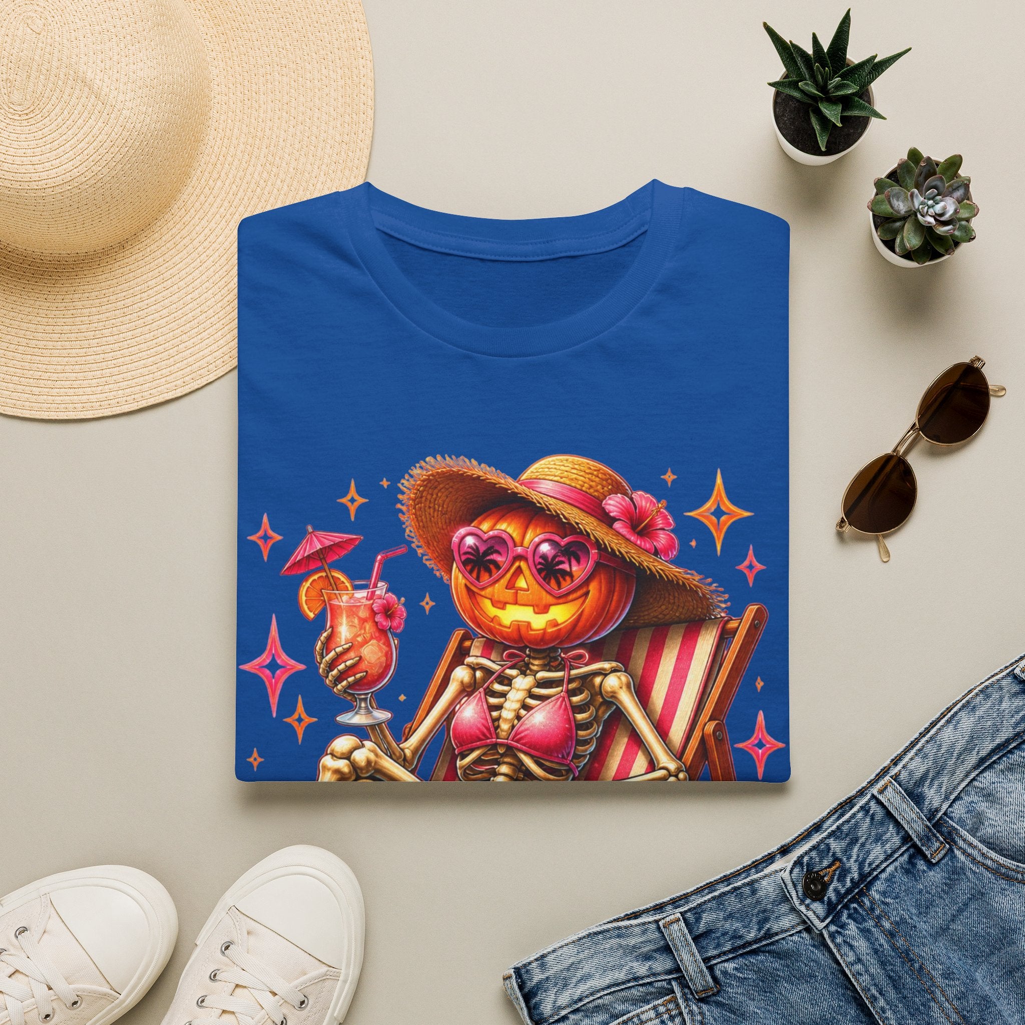 Summerween Vibes T-Shirt — Pumpkin Skeleton Beach Tee