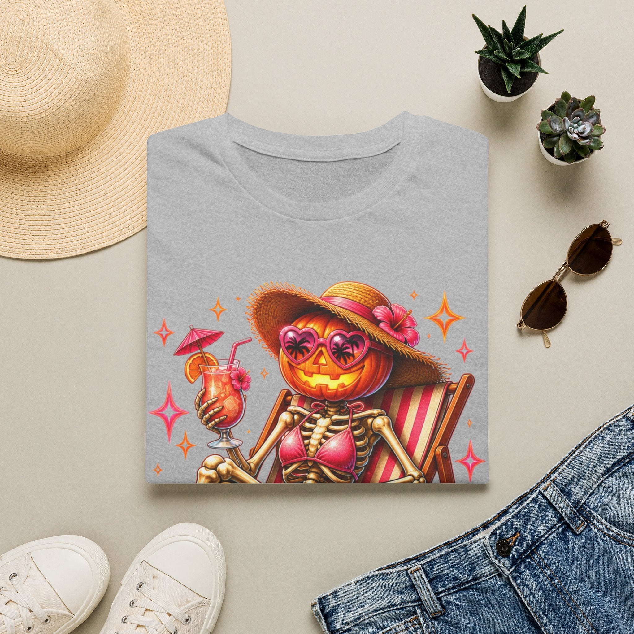Summerween Vibes T-Shirt — Pumpkin Skeleton Beach Tee