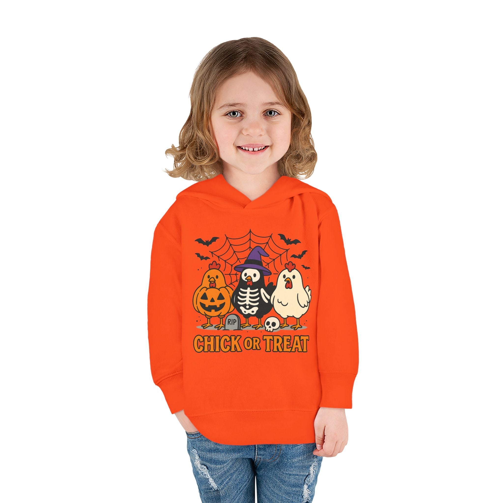 Toddler Halloween Pullover Hoodie – "Chick or Treat" Pumpkin Skeleton Chicken Kids Fleece
