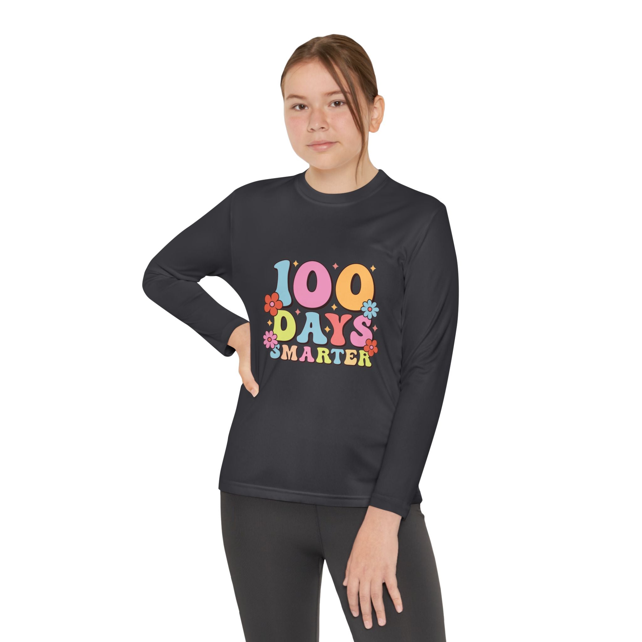 100 Days Smarter Youth Long Sleeve Tee — Retro Floral School Celebration Shirt