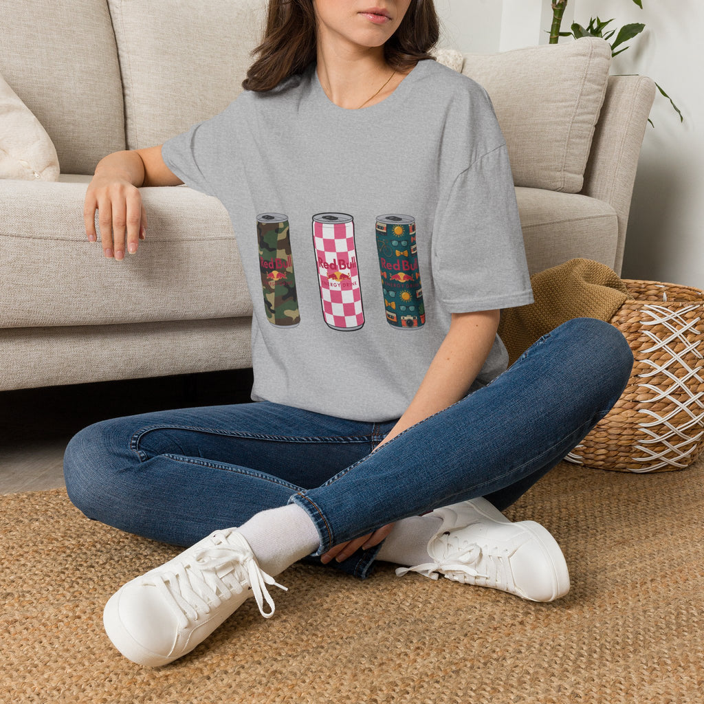 Energy Drink Can Trio T-Shirt — Camouflage, Checker & Floral Cans