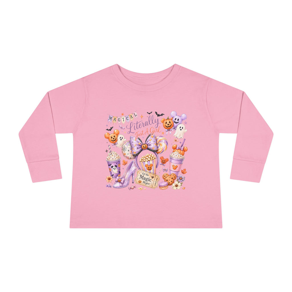 Toddler Long Sleeve Tee — "Pumpkin Spice & Magic" Halloween Minnie Bow Graphic