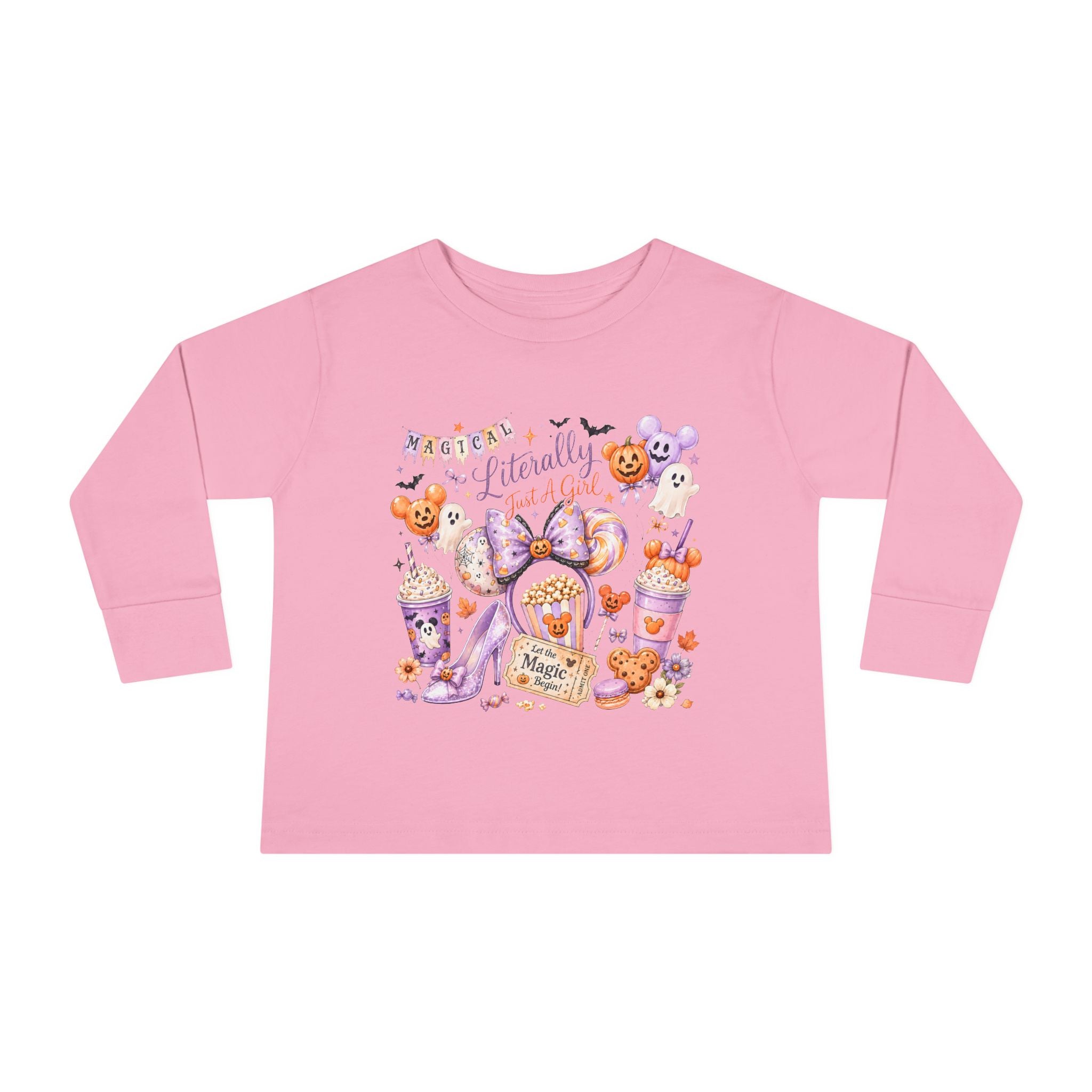 Toddler Long Sleeve Tee — "Pumpkin Spice & Magic" Halloween Minnie Bow Graphic