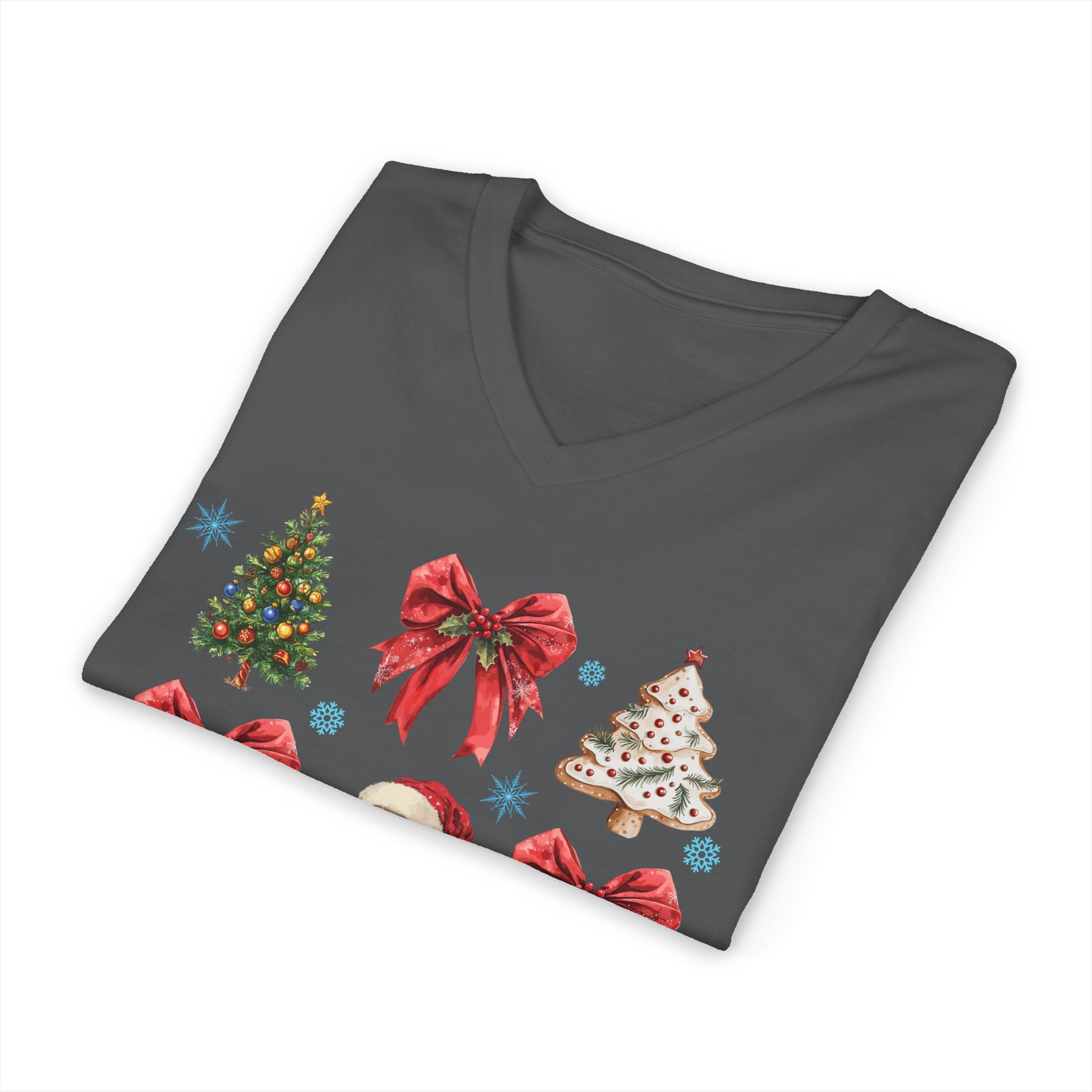 Christmas Icons V-Neck Tee — Santa, Trees & Holiday Bows