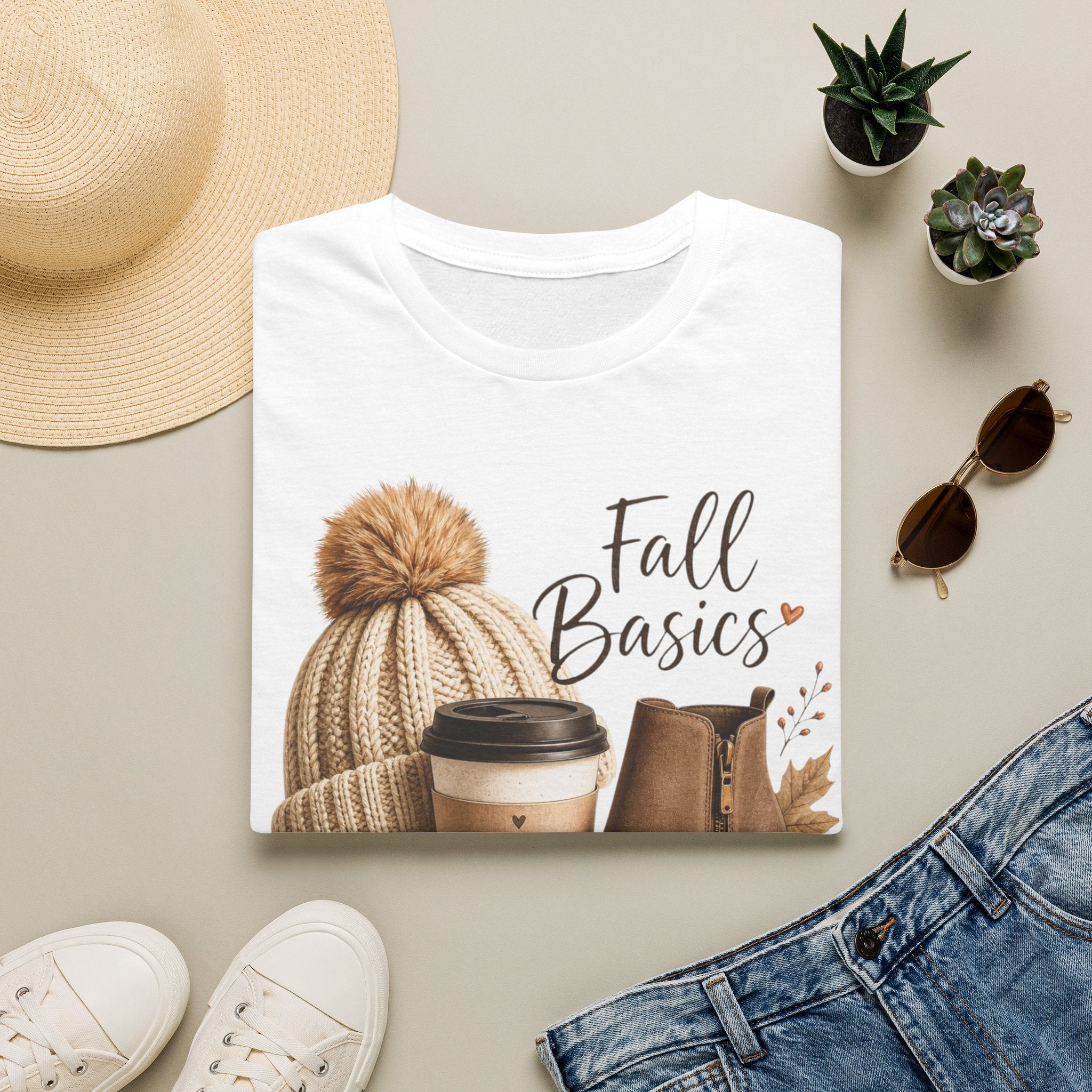 Fall Basics T-Shirt — Cozy Autumn Beanie, Coffee & Boots Tee