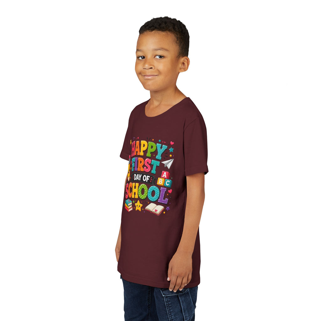 Youth Tee — "Happy First Day of School" Back-to-School Graphic Shirt
