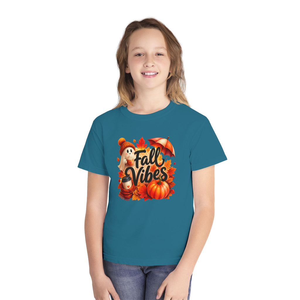 Fall Vibes Youth Tee — Cute Pumpkin, Leaves & Scarecrow Autumn Shirt