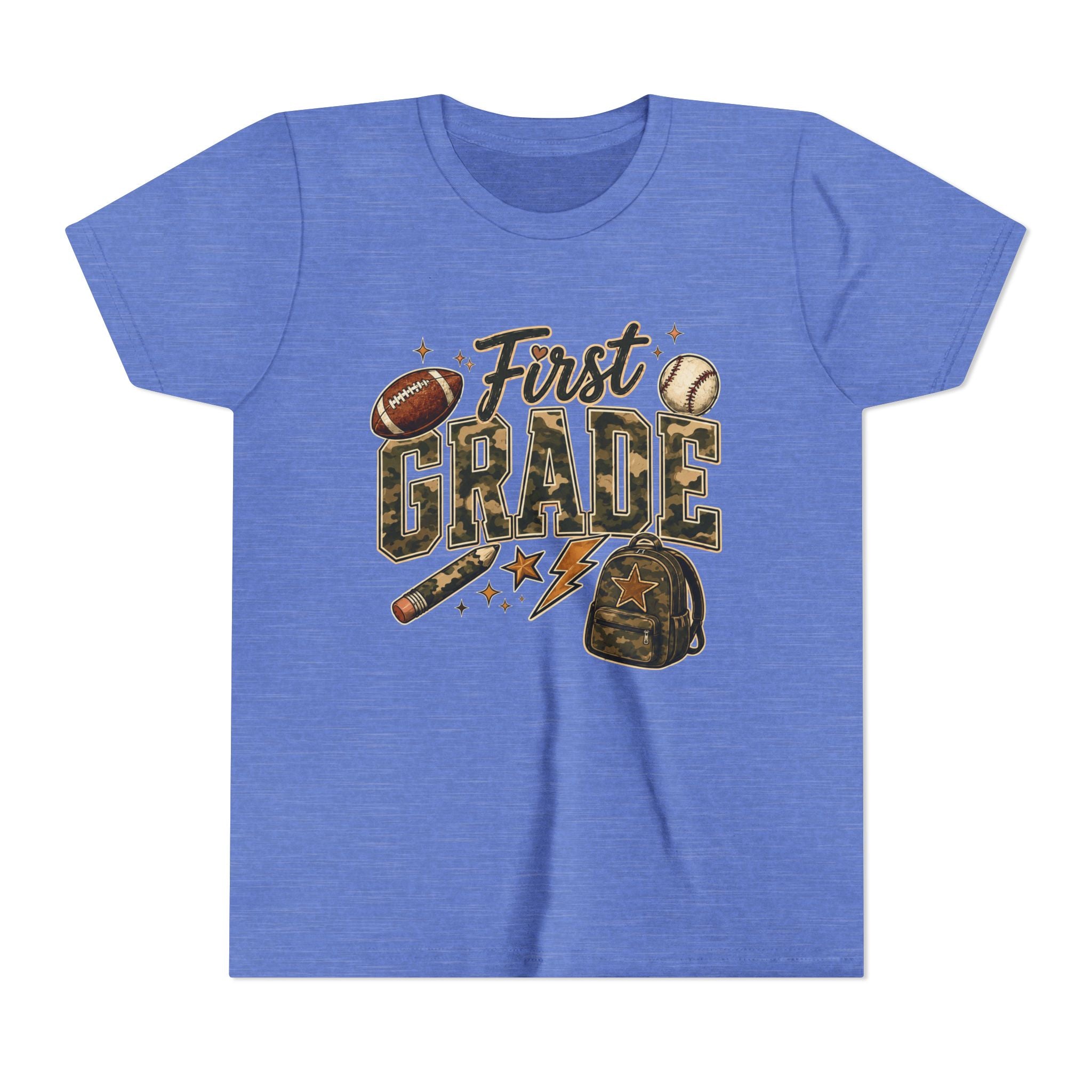 First Grade Kids T‑Shirt — Back to School Sports Backpack Design