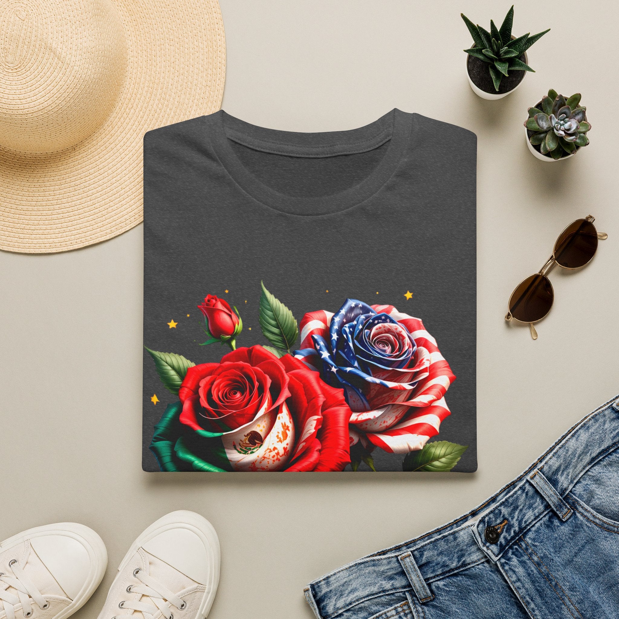 Patriotic Rose Skull T-Shirt — American Flag Blue & Red Floral Tee