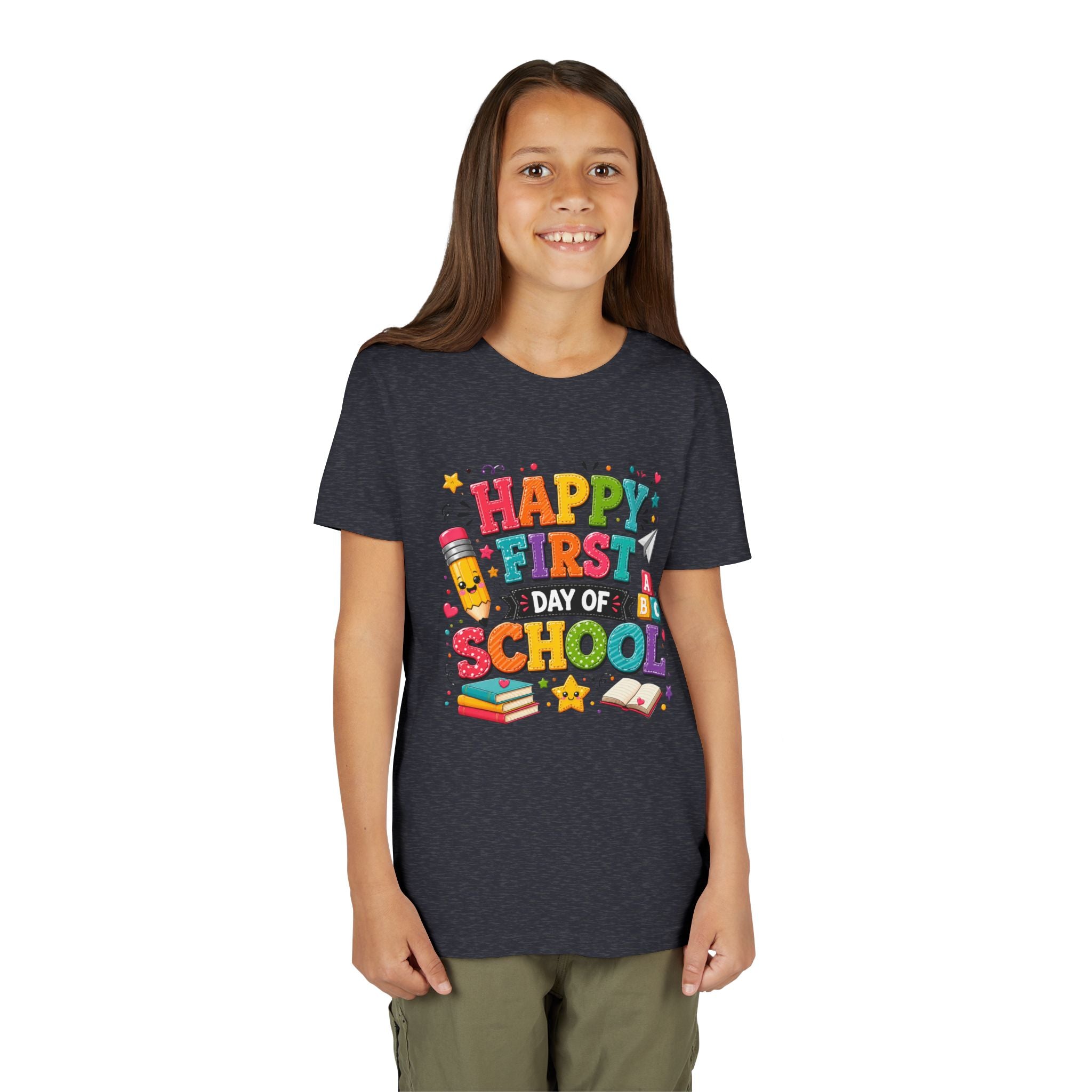Youth Tee — "Happy First Day of School" Back-to-School Graphic Shirt