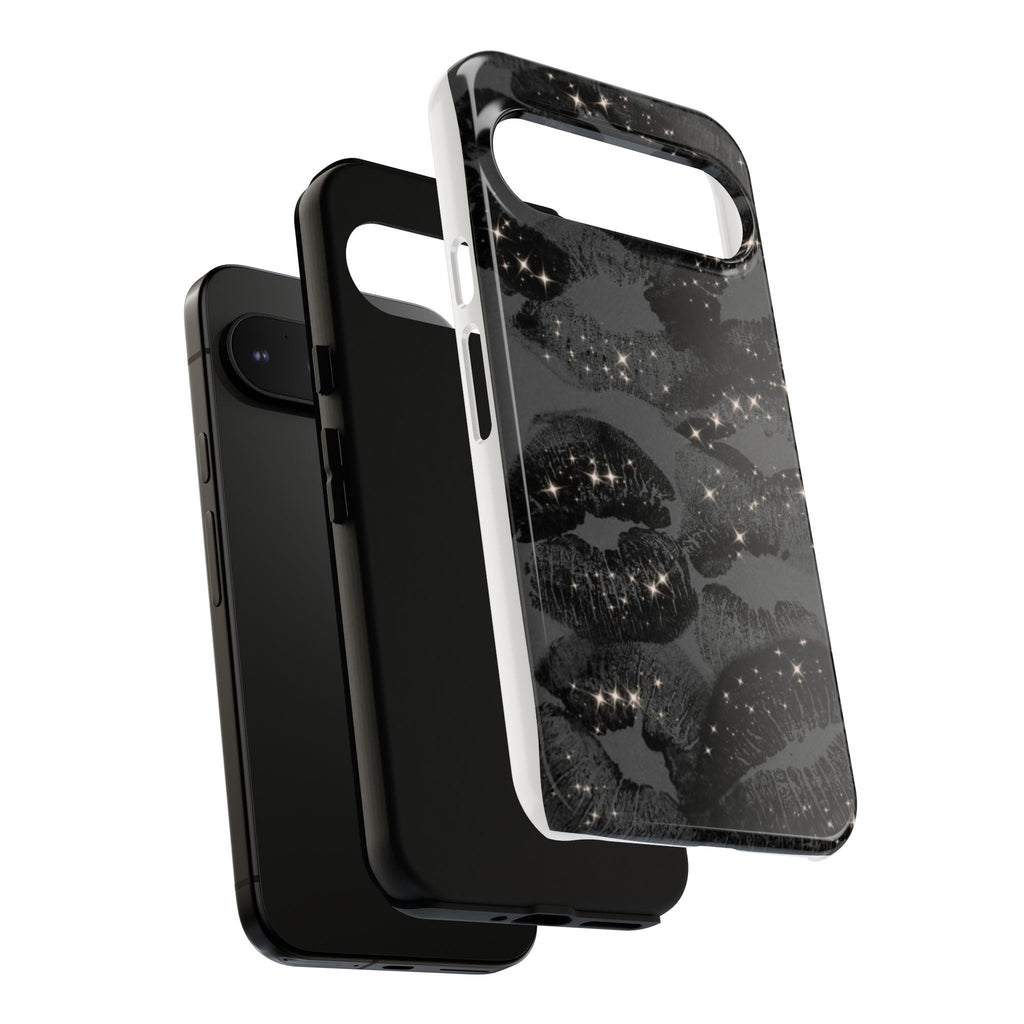 Black Glitter Kiss Phone Case — Sparkling Lip Print Protective Cover
