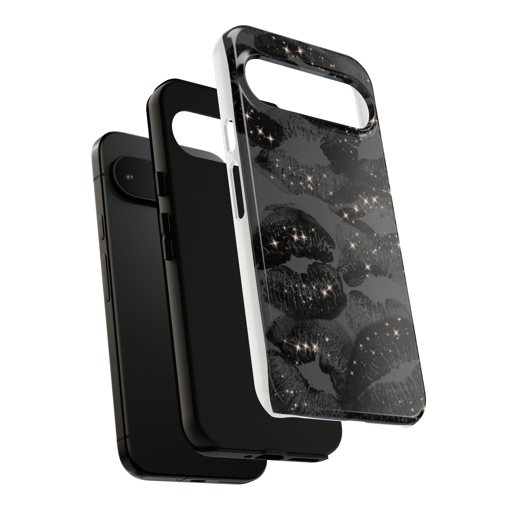 Black Glitter Kiss Phone Case — Sparkling Lip Print Protective Cover