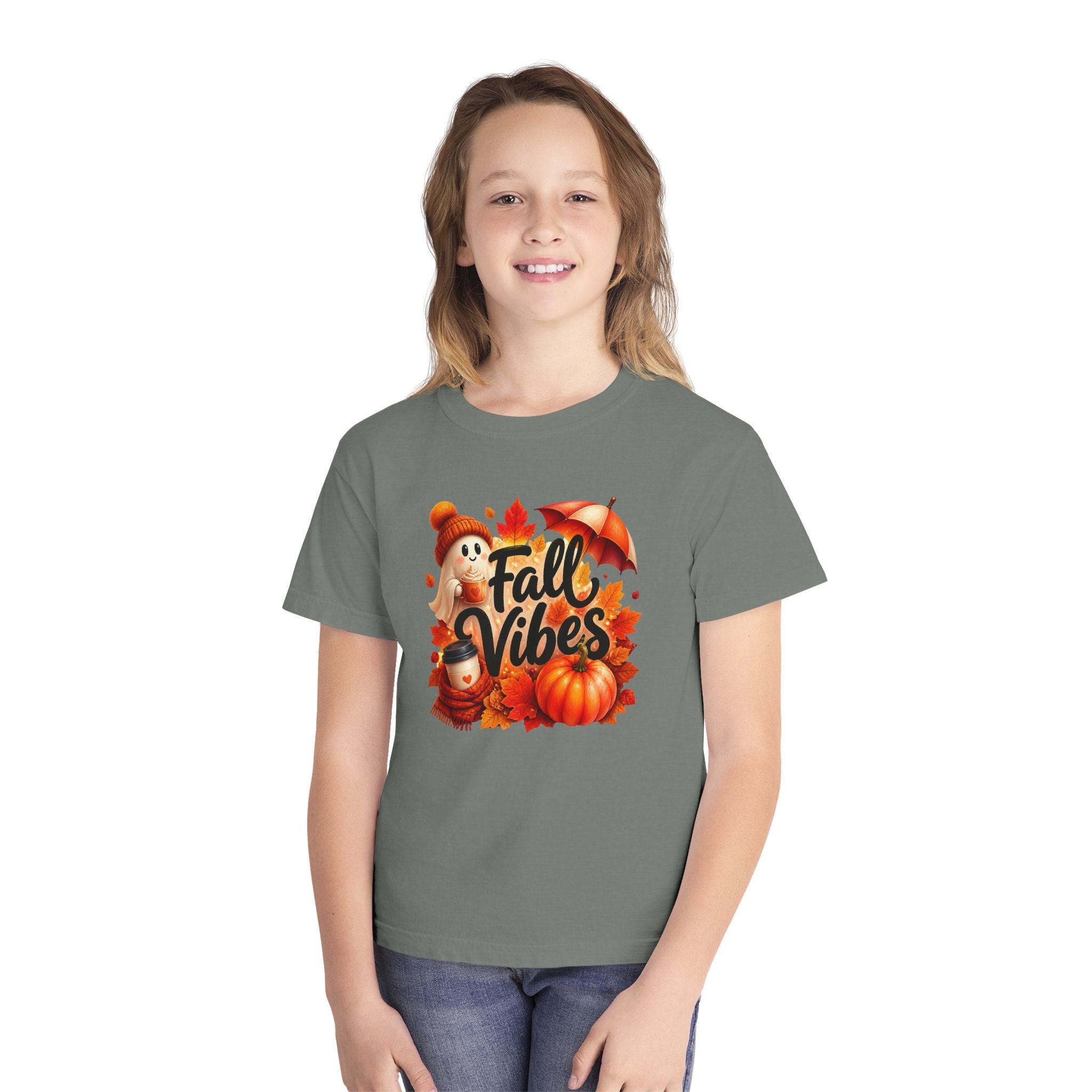 Fall Vibes Youth Tee — Cute Pumpkin, Leaves & Scarecrow Autumn Shirt