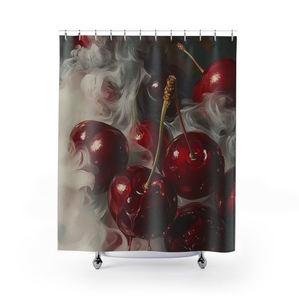 Cherry Smoke Shower Curtain — Dramatic Red Cherry Bathroom Decor