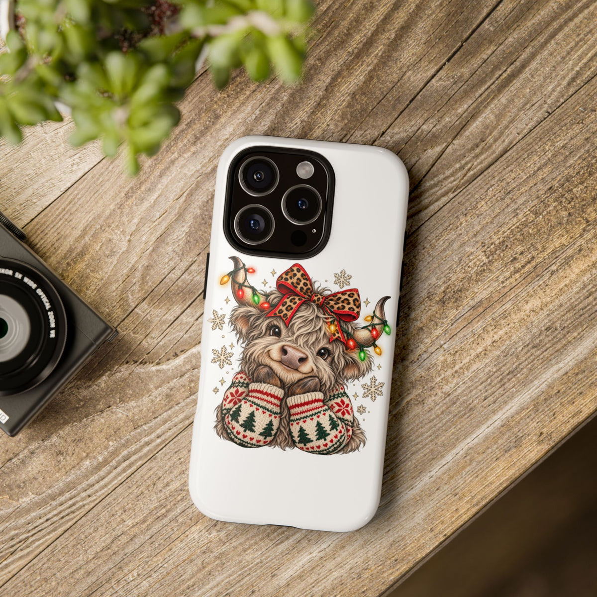 Holiday Highland Cow Phone Case – Festive Lights & Cozy Sweater Design