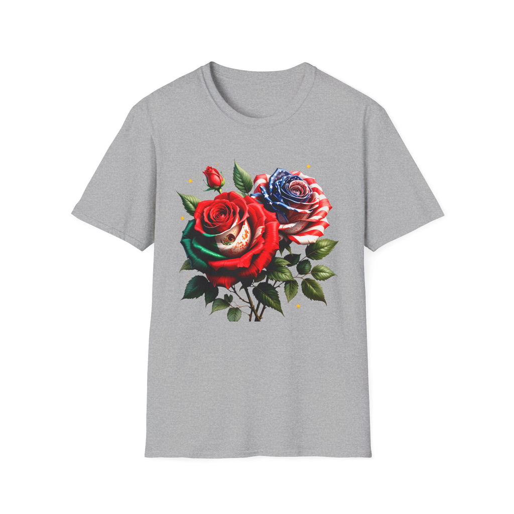 Patriotic Rose Skull T-Shirt — American Flag Blue & Red Floral Tee