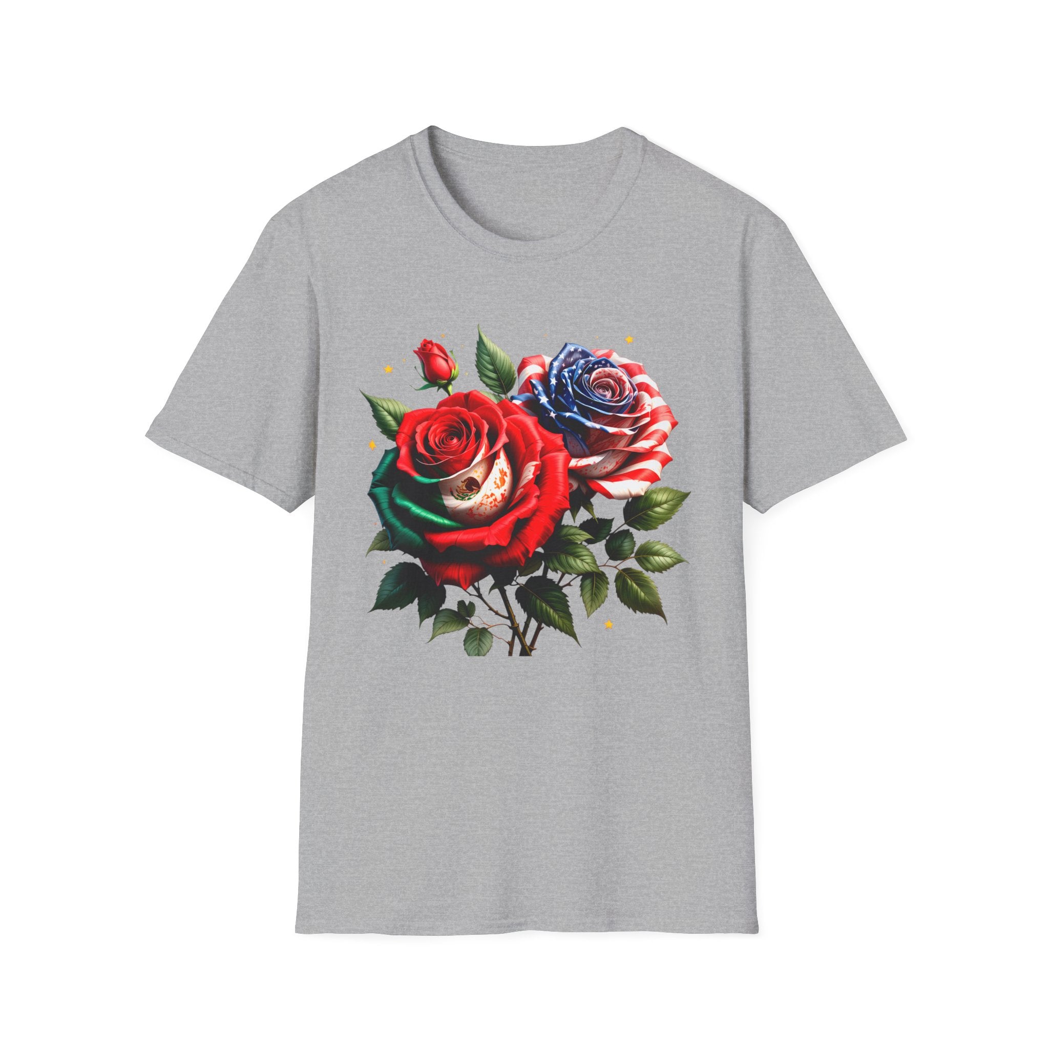 Patriotic Rose Skull T-Shirt — American Flag Blue & Red Floral Tee