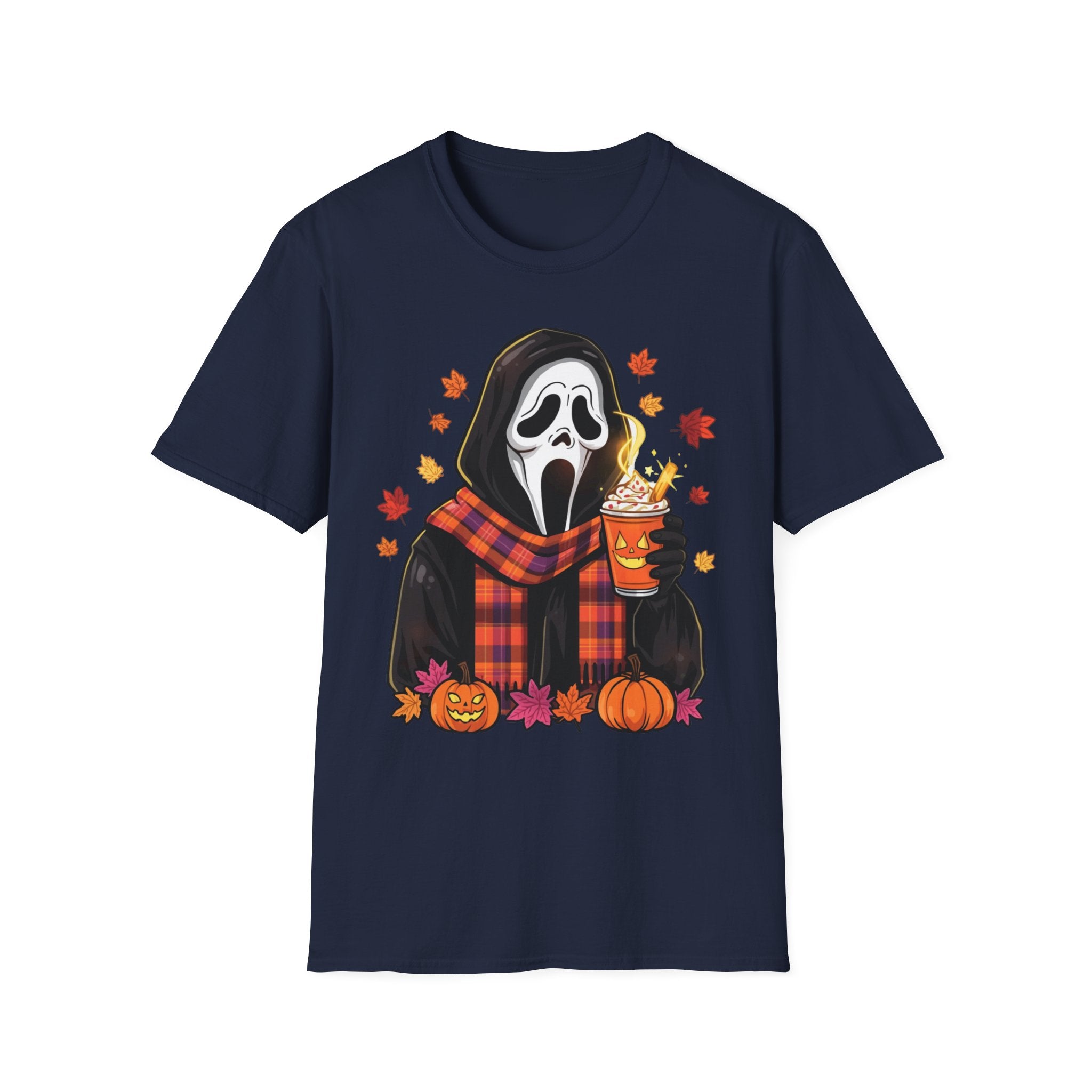 Halloween Scream Mask T‑Shirt — Cozy Fall Pumpkin & Hot Cocoa Graphic Tee